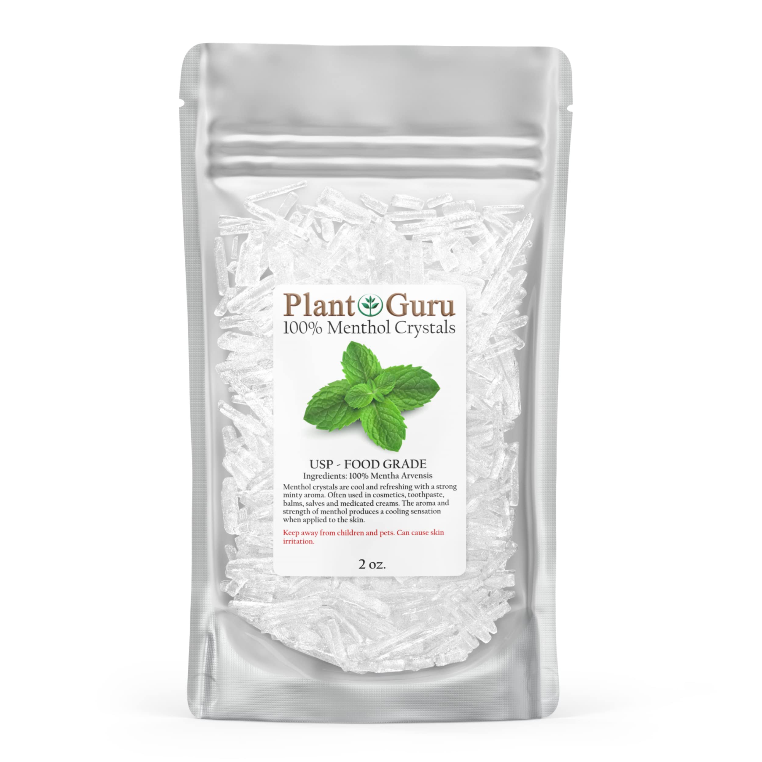 Plant Guru cristaux de menthol dans flacon 2 oz, idéal pour cosmétiques et soins.