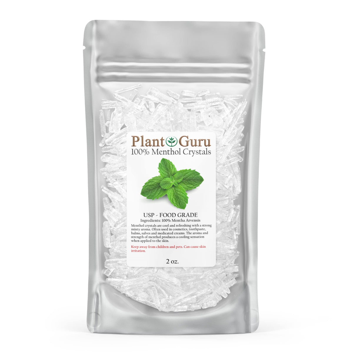 Plant Guru cristaux de menthol dans flacon 2 oz, idéal pour cosmétiques et soins.