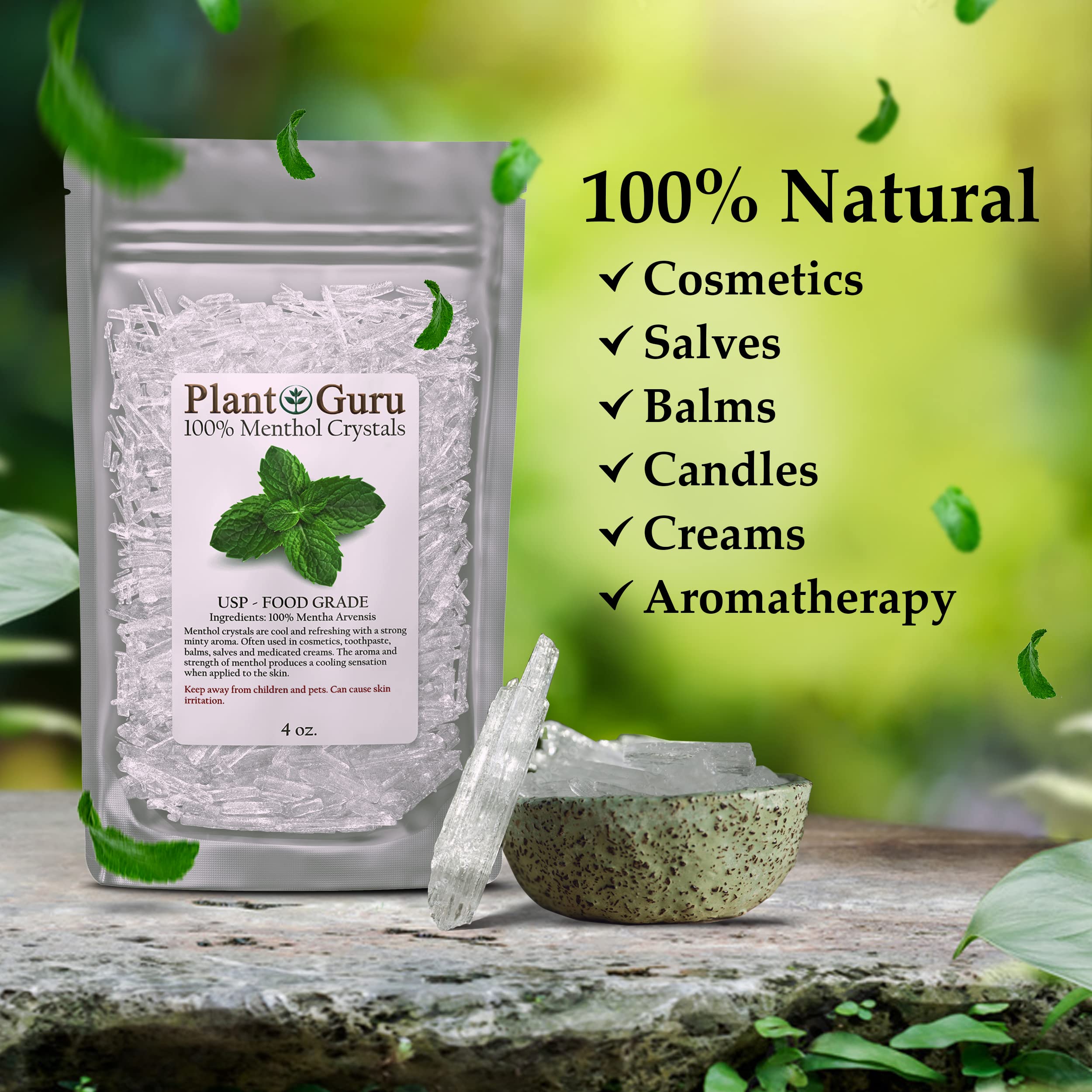 Plant Guru cristaux de menthol pour bains et soins visage.