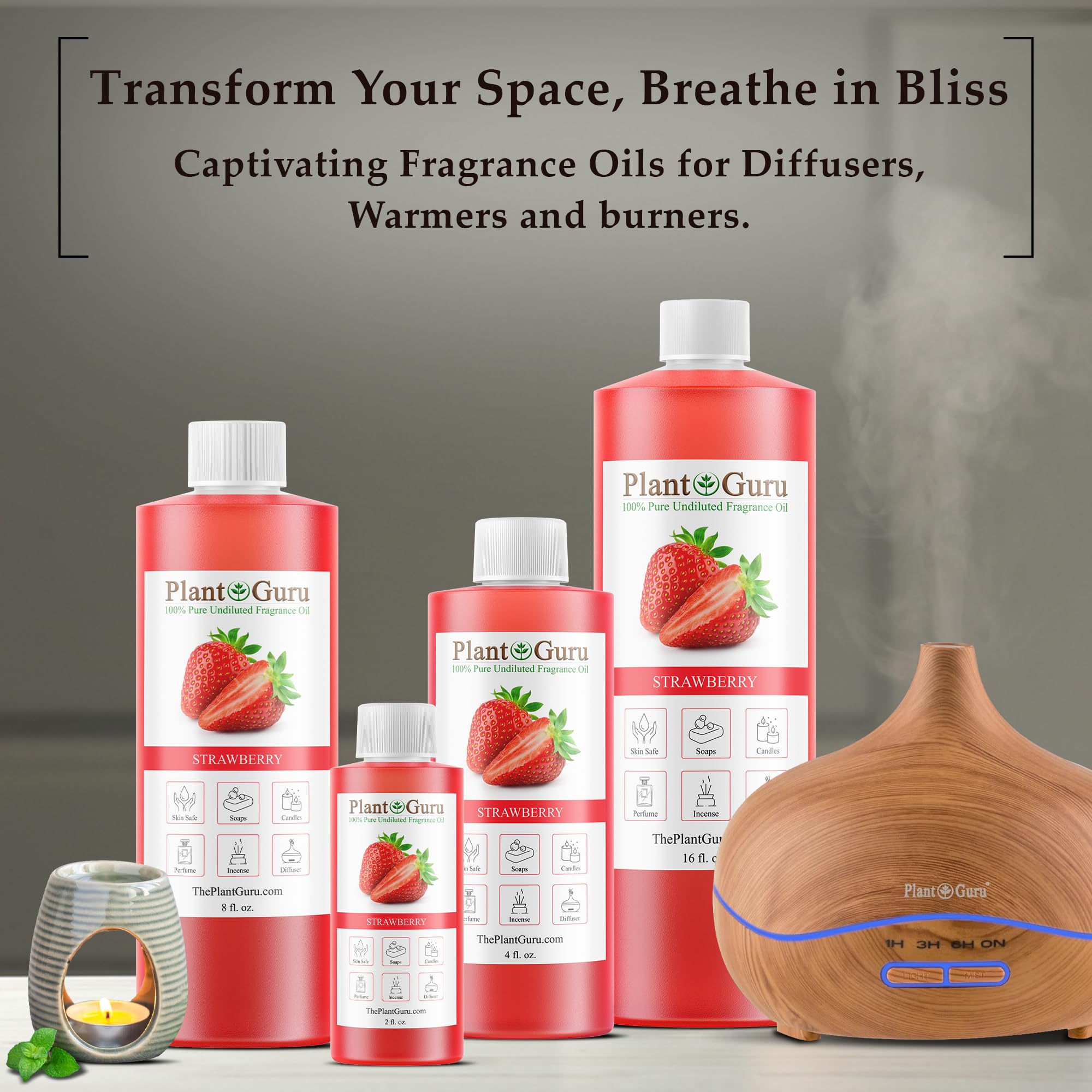 Diffusion avec Plant Guru Strawberry Fragrance Oil, ambiance fruitée durable.