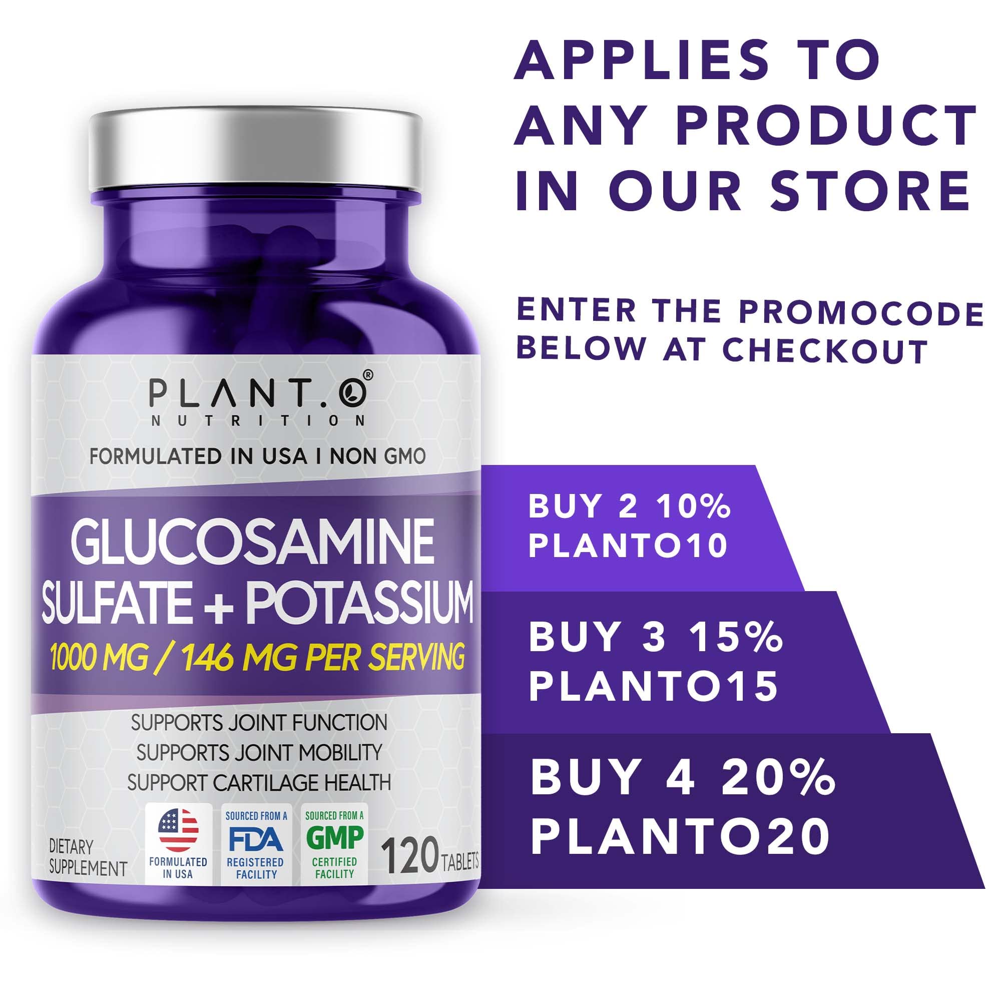 PLANT.O NUTRITION – Emballage glucosamine sulfate potassium, présentation claire et utilisation quotidienne.