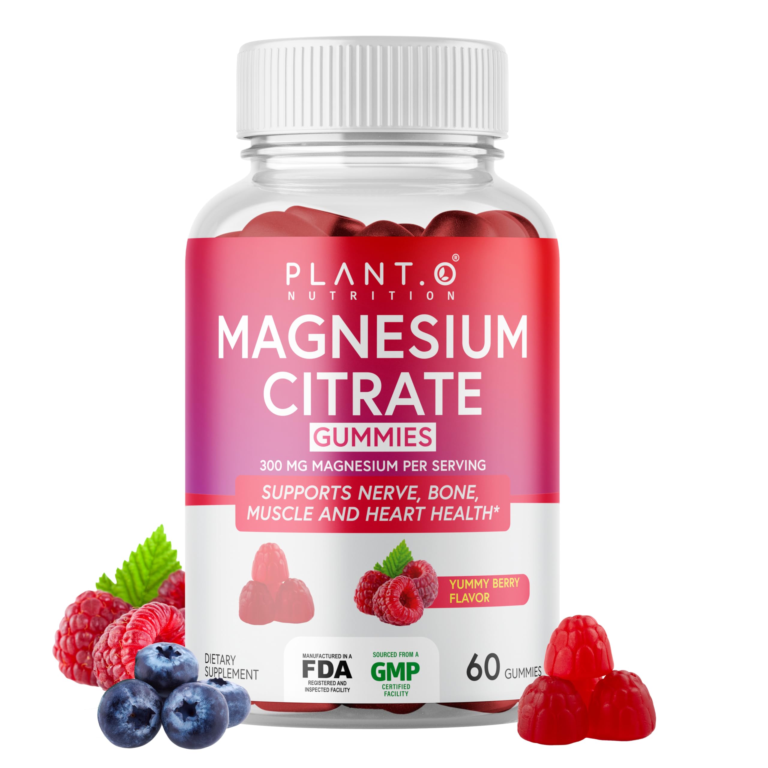 PLANT.O NUTRITION Calm Magnesium Gummies, bouteille: gommes framboise faciles à prendre pour la détente.