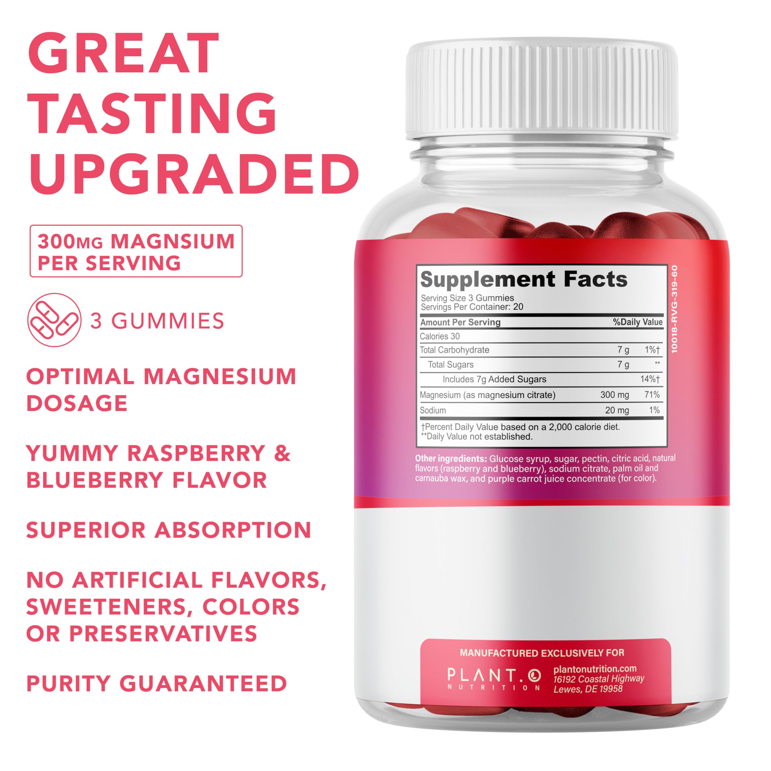 PLANT.O NUTRITION Calm Magnesium Gummies, close-up: texture douce et couleur framboise attrayante pour le plaisir.