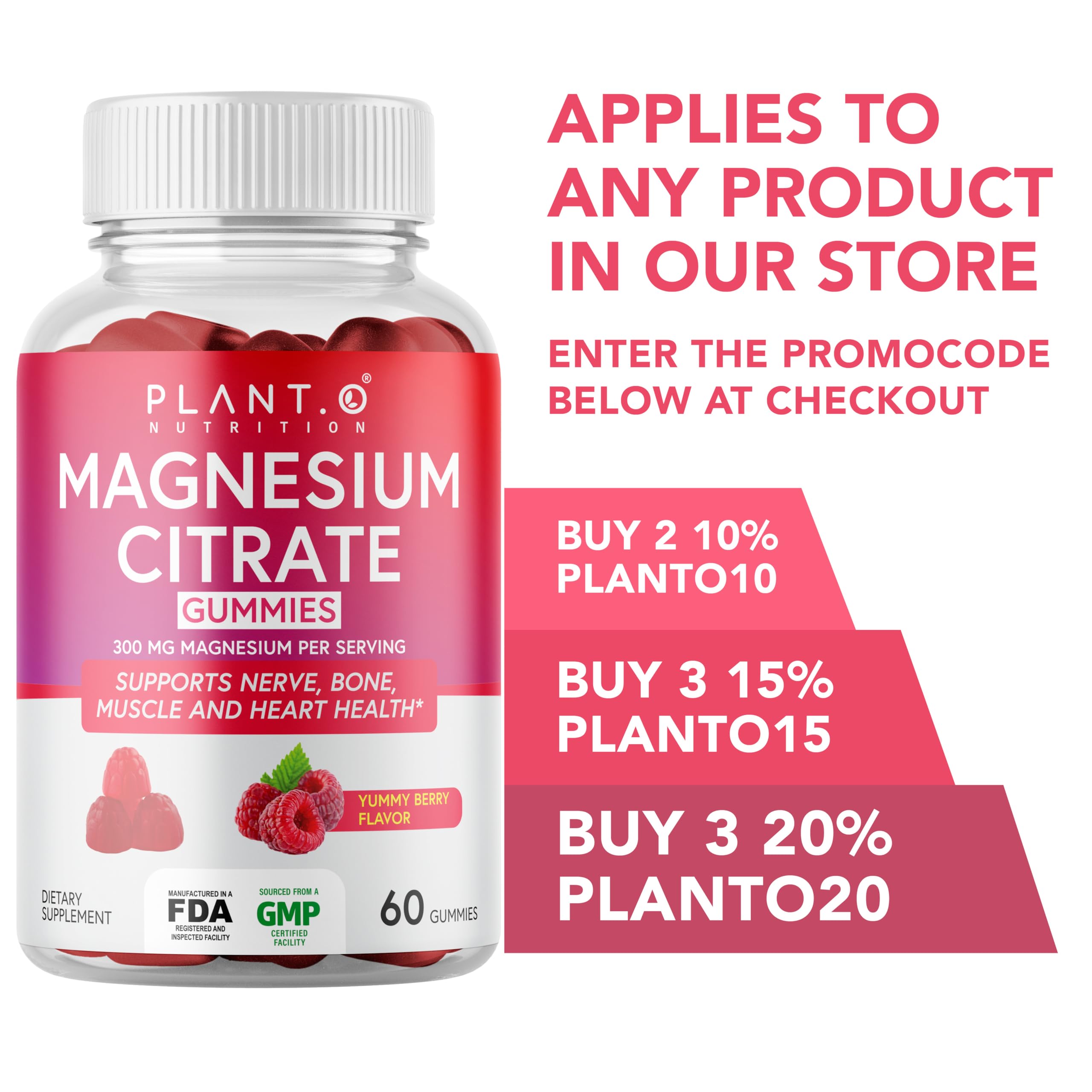 PLANT.O NUTRITION Calm Magnesium Gummies, GMP américain: contrôle qualité.
