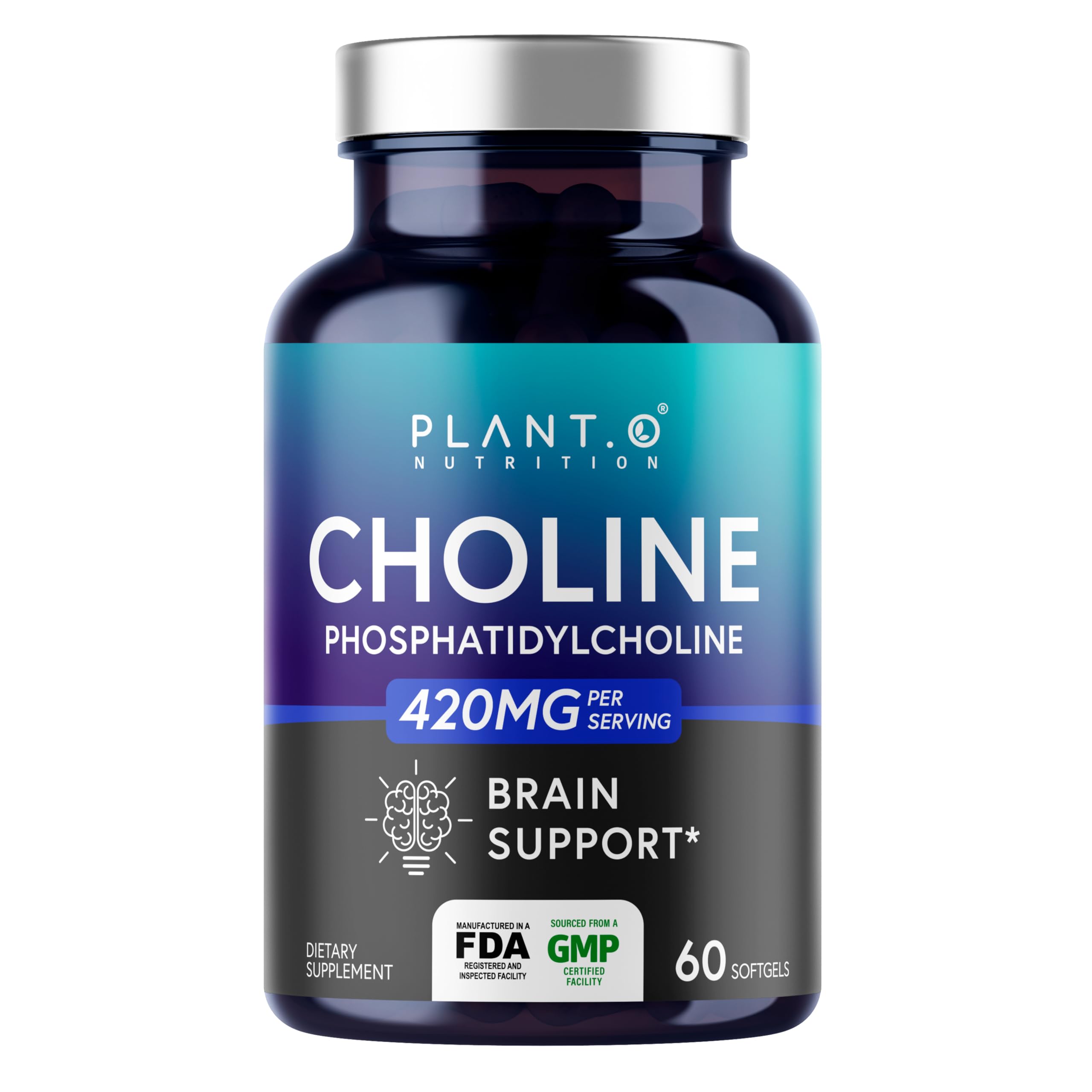 PLANT.O NUTRITION Choline Phosphatidylcholine – bouteille de gélules molles, soutien à la concentration.