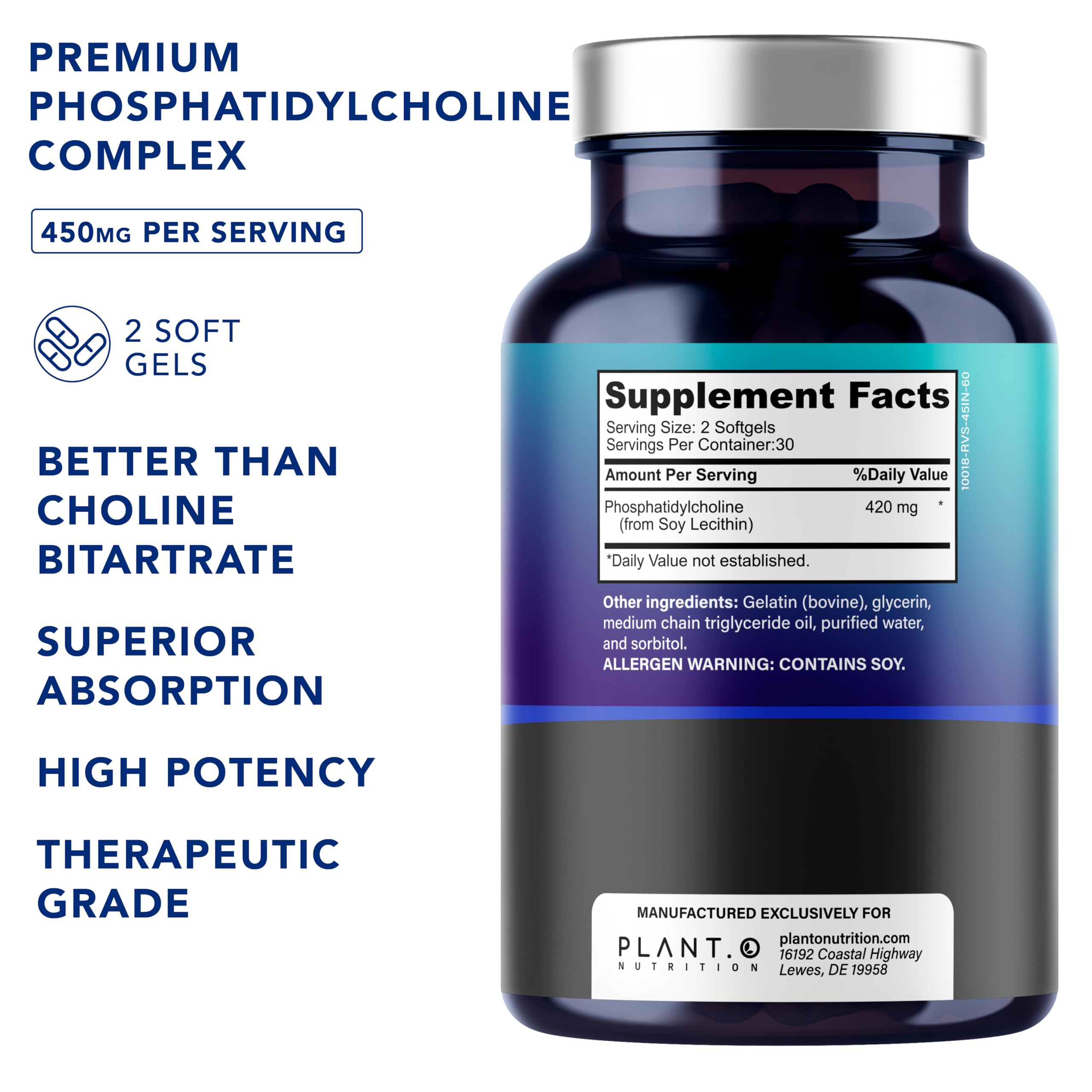 PLANT.O NUTRITION Choline Phosphatidylcholine – dosage 430 mg, biodisponibilité accrue.
