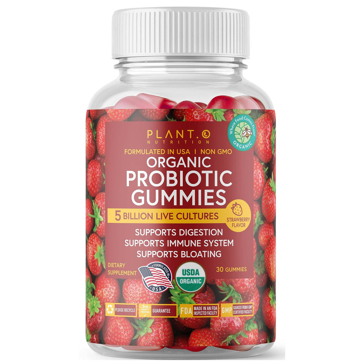 Gommes probiotiques Plant.O Nutrition bio fraise photo d'emballage – douceur et digestion potentielle.