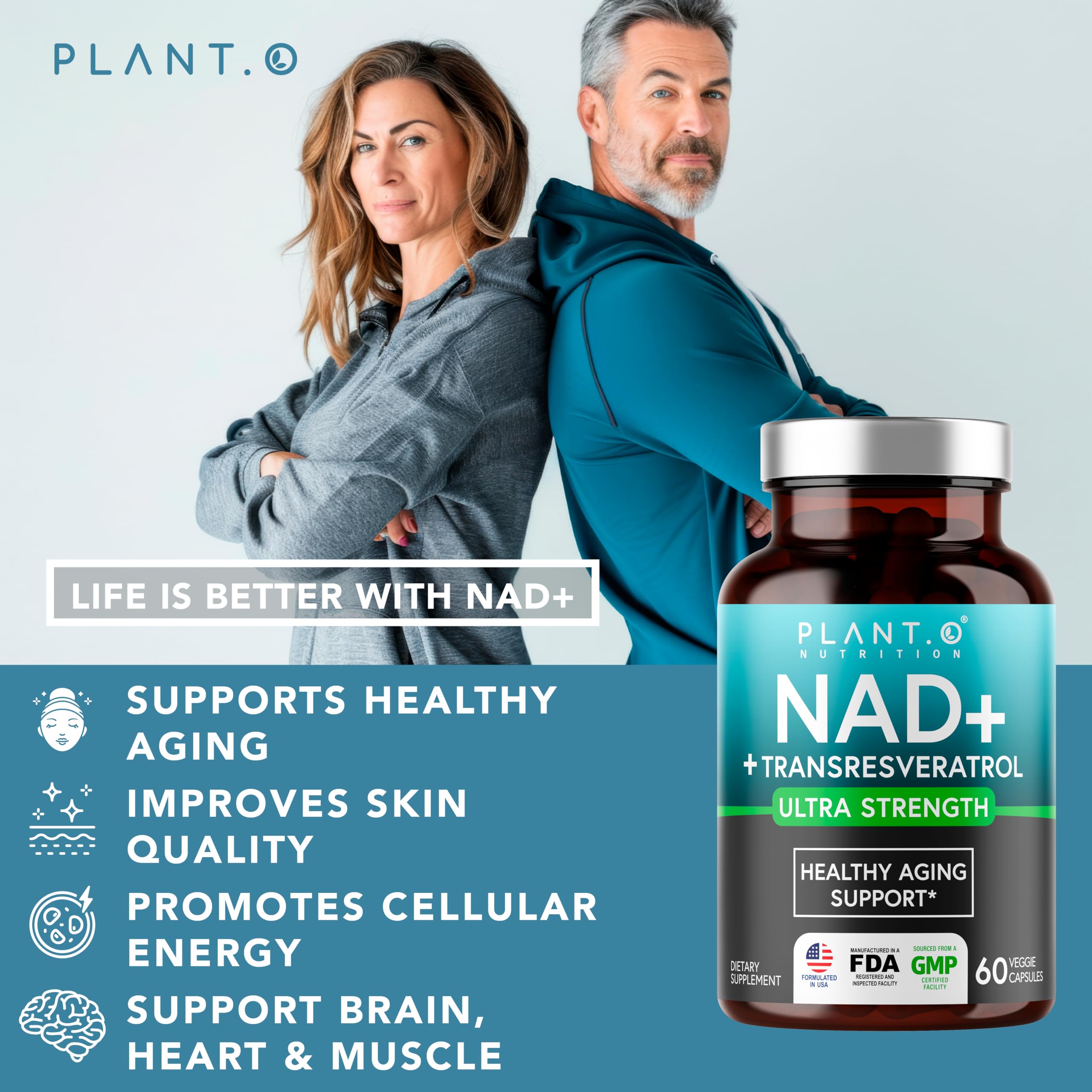 PLANT.O NUTRITION NAD+ comprimés faciles à avaler pour une utilisation quotidienne.