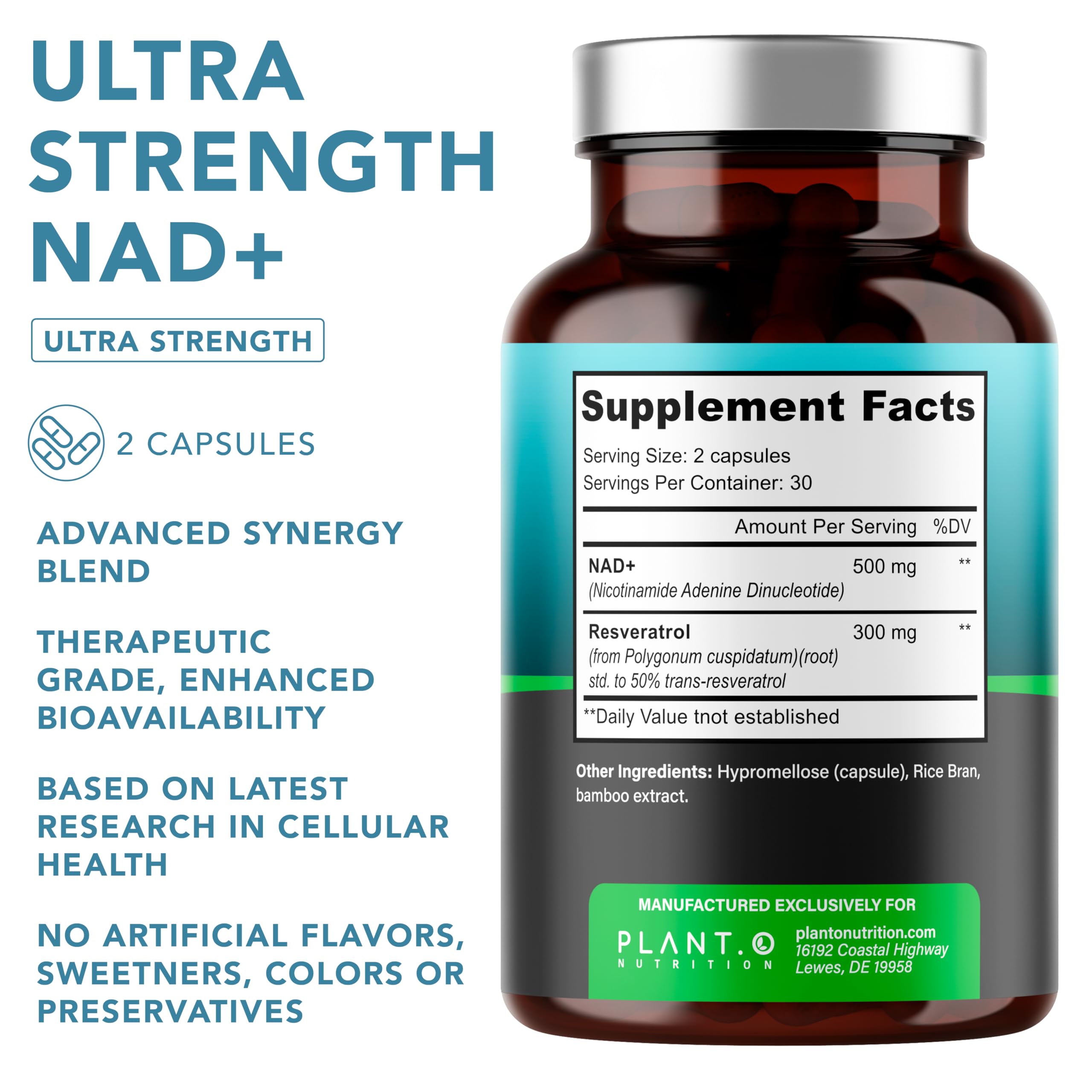 PLANT.O NUTRITION NAD+ dosage 500 mg par portion pour une routine simple.