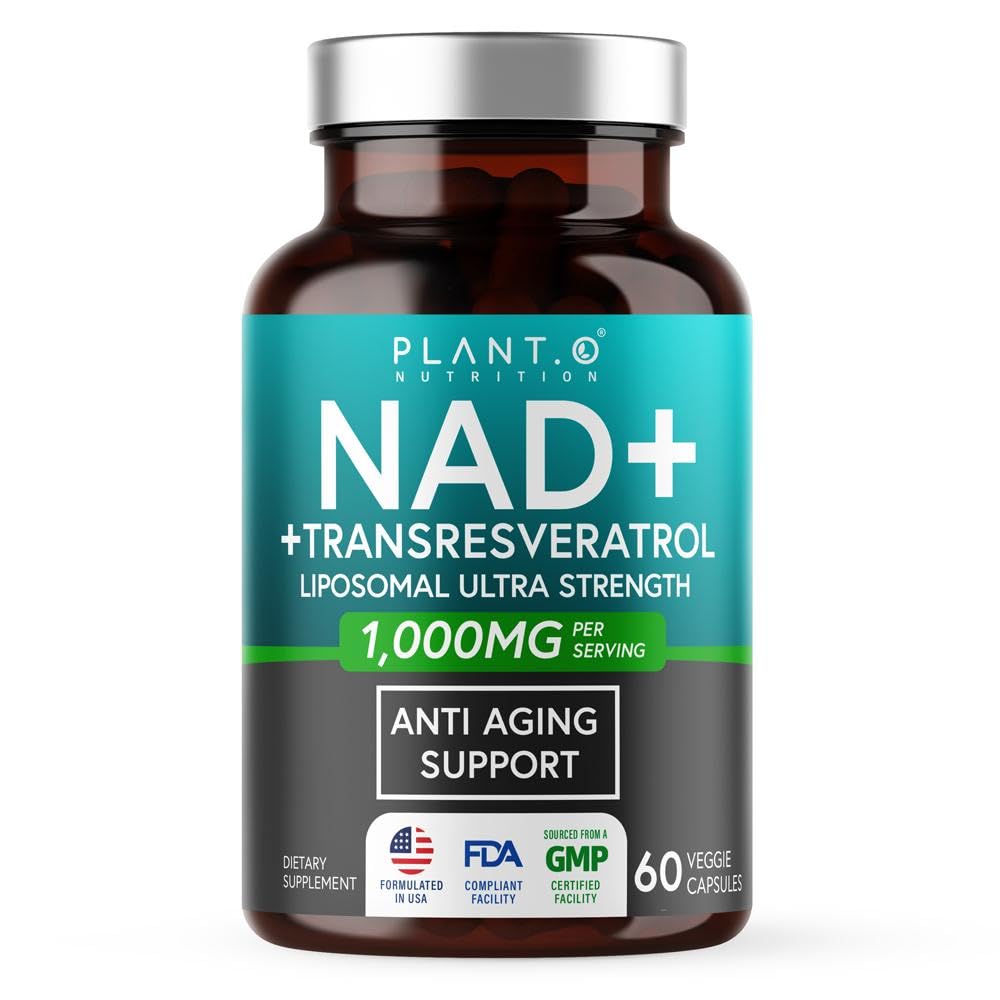 PLANT.O NUTRITION NAD+ avec Resveratrol sur bouteille, énergie potentielle et soutien cellulaire.