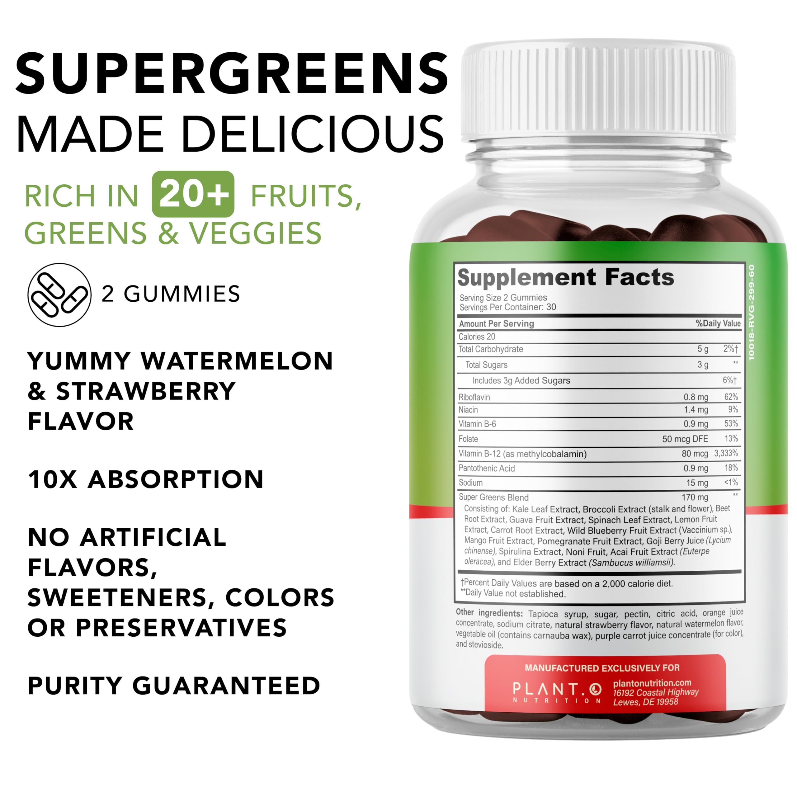 PLANT.O NUTRITION Gommes SuperGreens — gommes colorées et texture moelleuse.