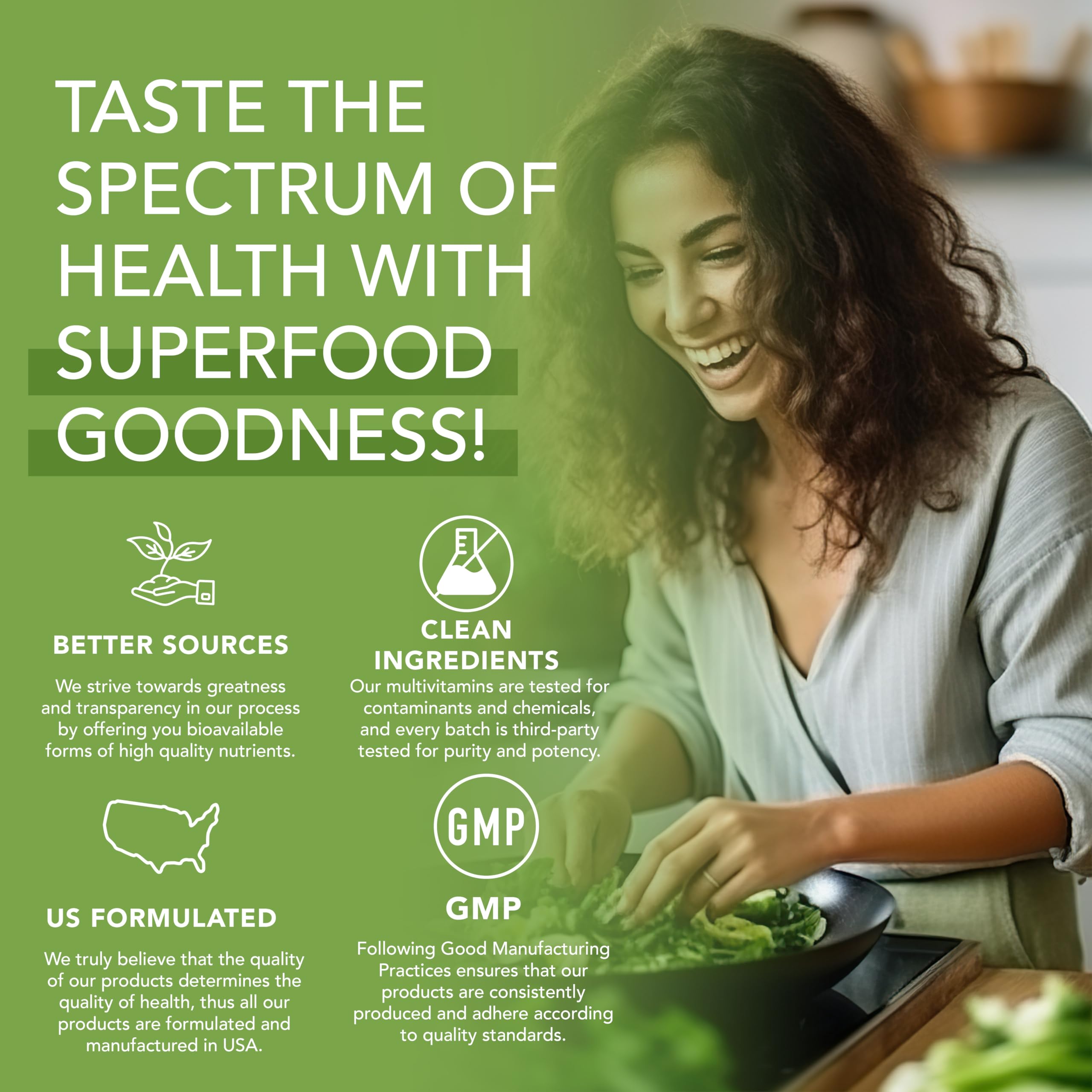 PLANT.O NUTRITION Gommes SuperGreens — ingredients naturels visibles, fruits et legumes.