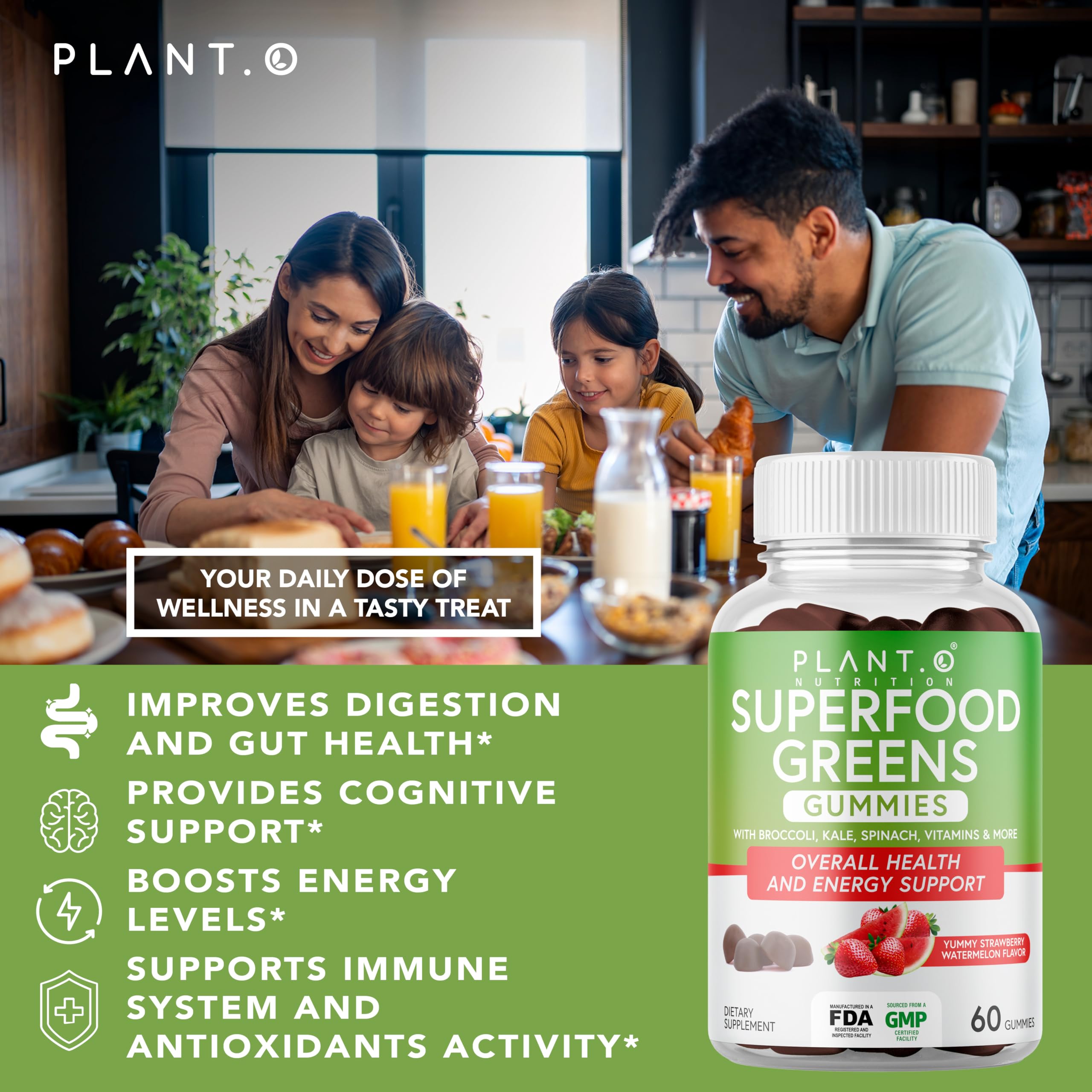 PLANT.O NUTRITION Gommes SuperGreens — texture douce a-macher pour routine rapide.