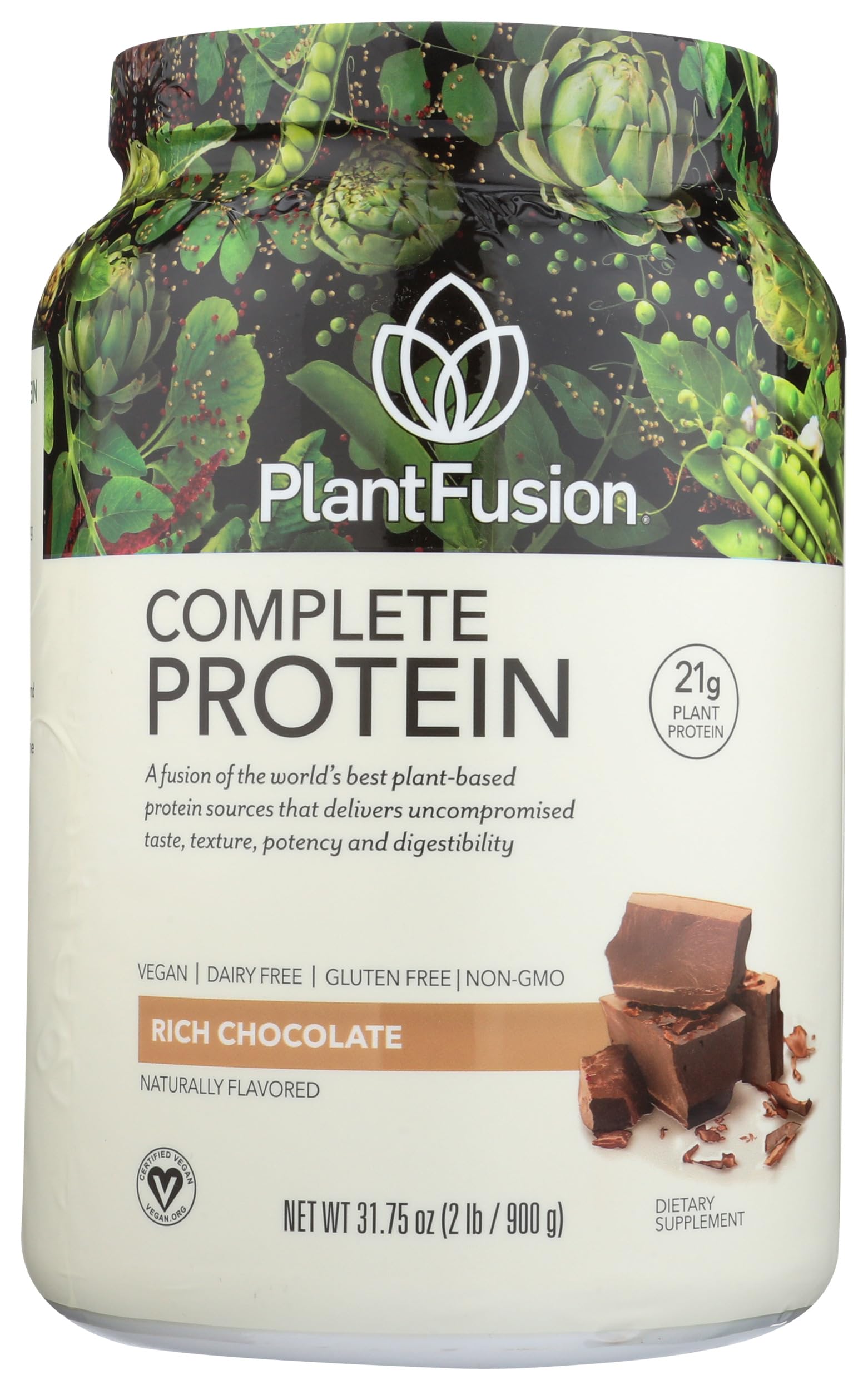 PlantFusion Complete Vegan Protein, ingrédients végétaux visibles, source pratique de protéines.