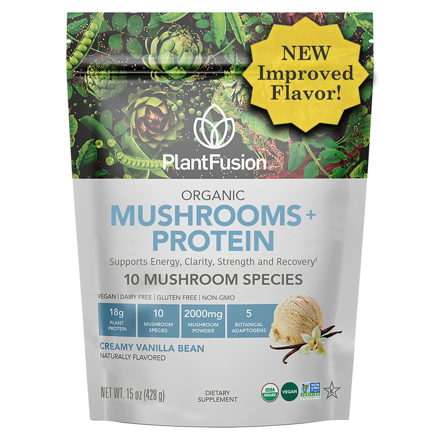 Poudre PlantFusion protéine champignons vanille énergie et récupération potentielles.