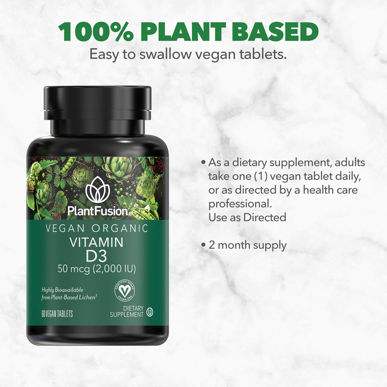 Tablettes PlantFusion D3 2000UI vegan, prise facile dans la routine quotidienne.