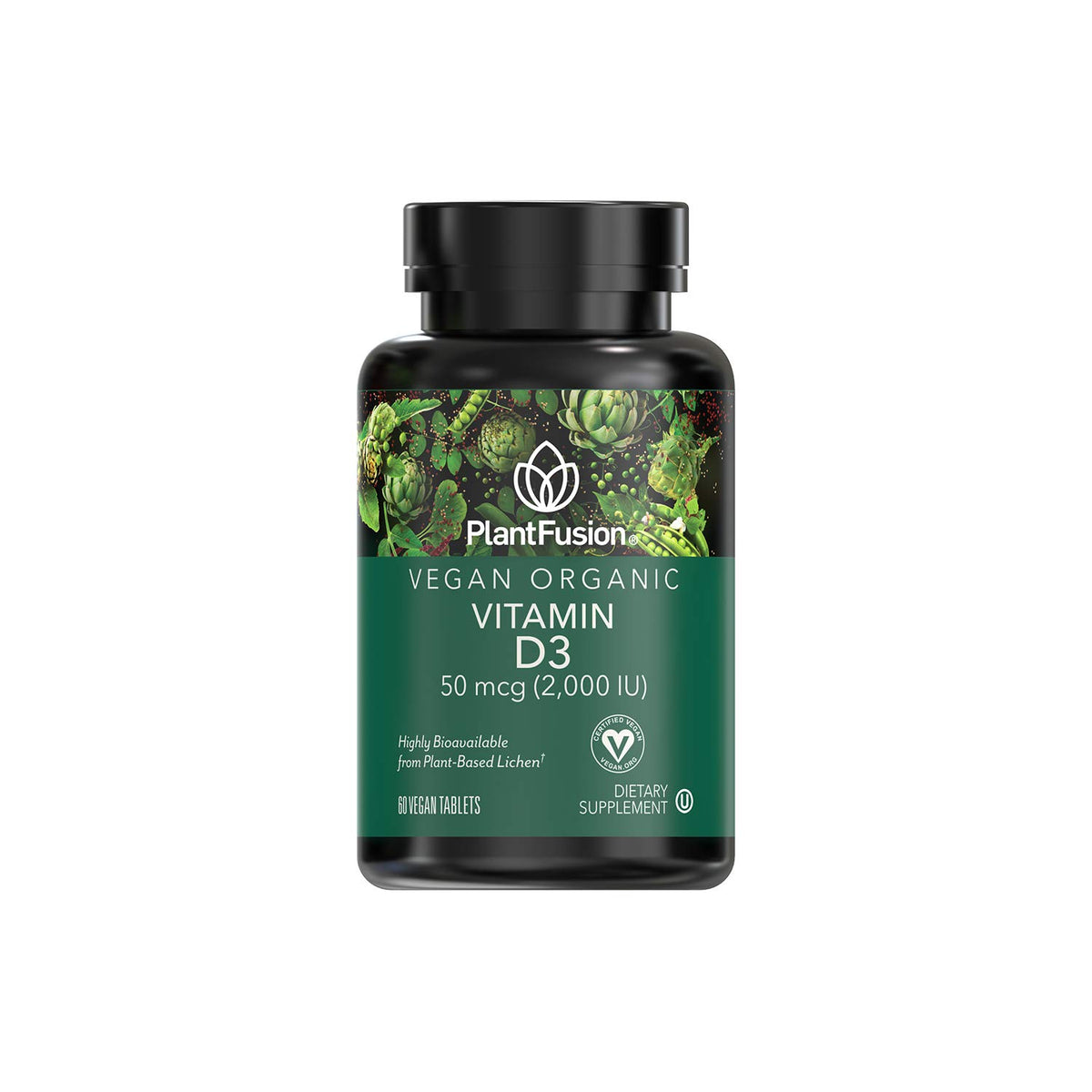 PlantFusion vitamine D3 2000UI en bouteille vegan, soutien potentiel immunitaire et osseux.