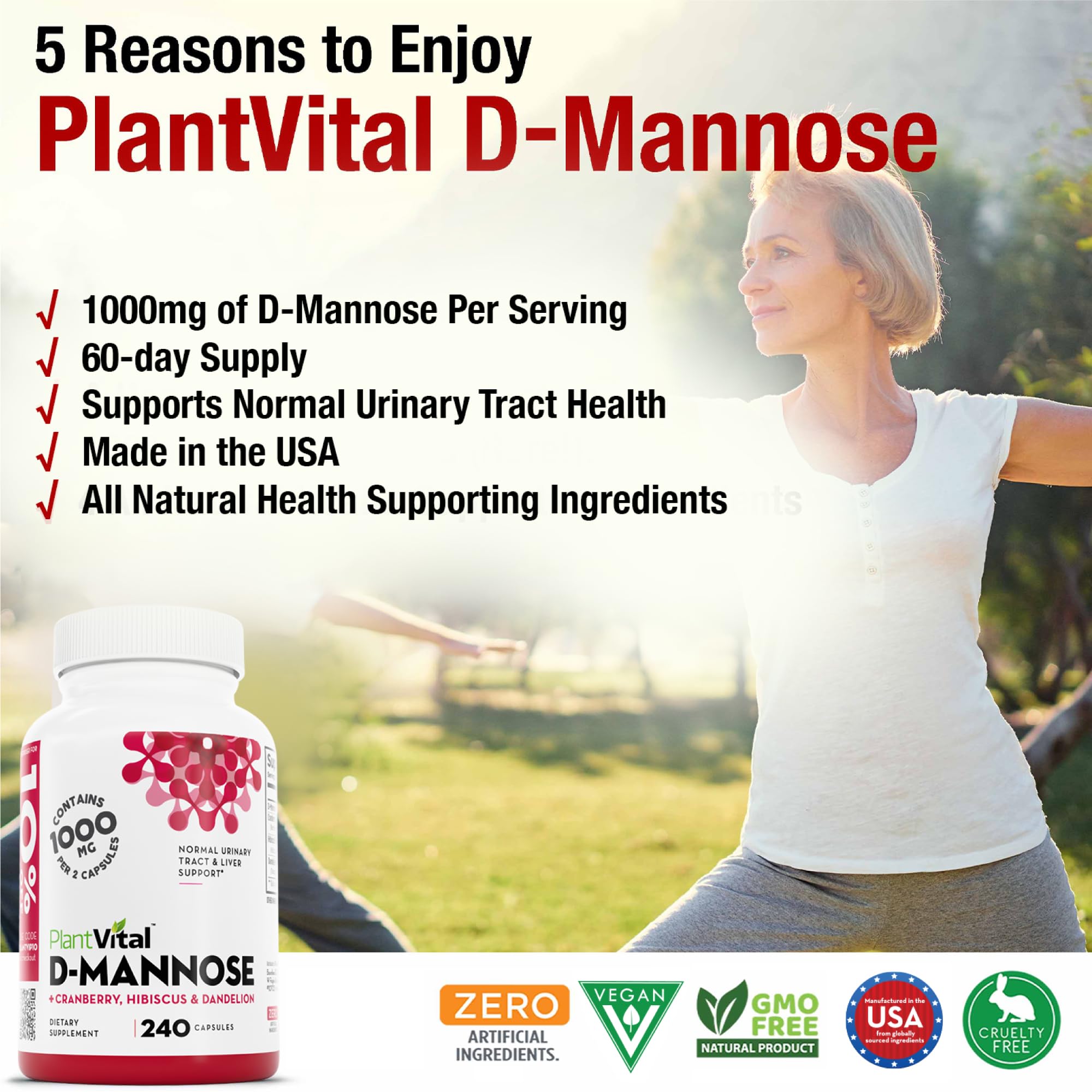 Capsules Plantvital D-Mannose Cranberry sur boîte, dosage pratique.
