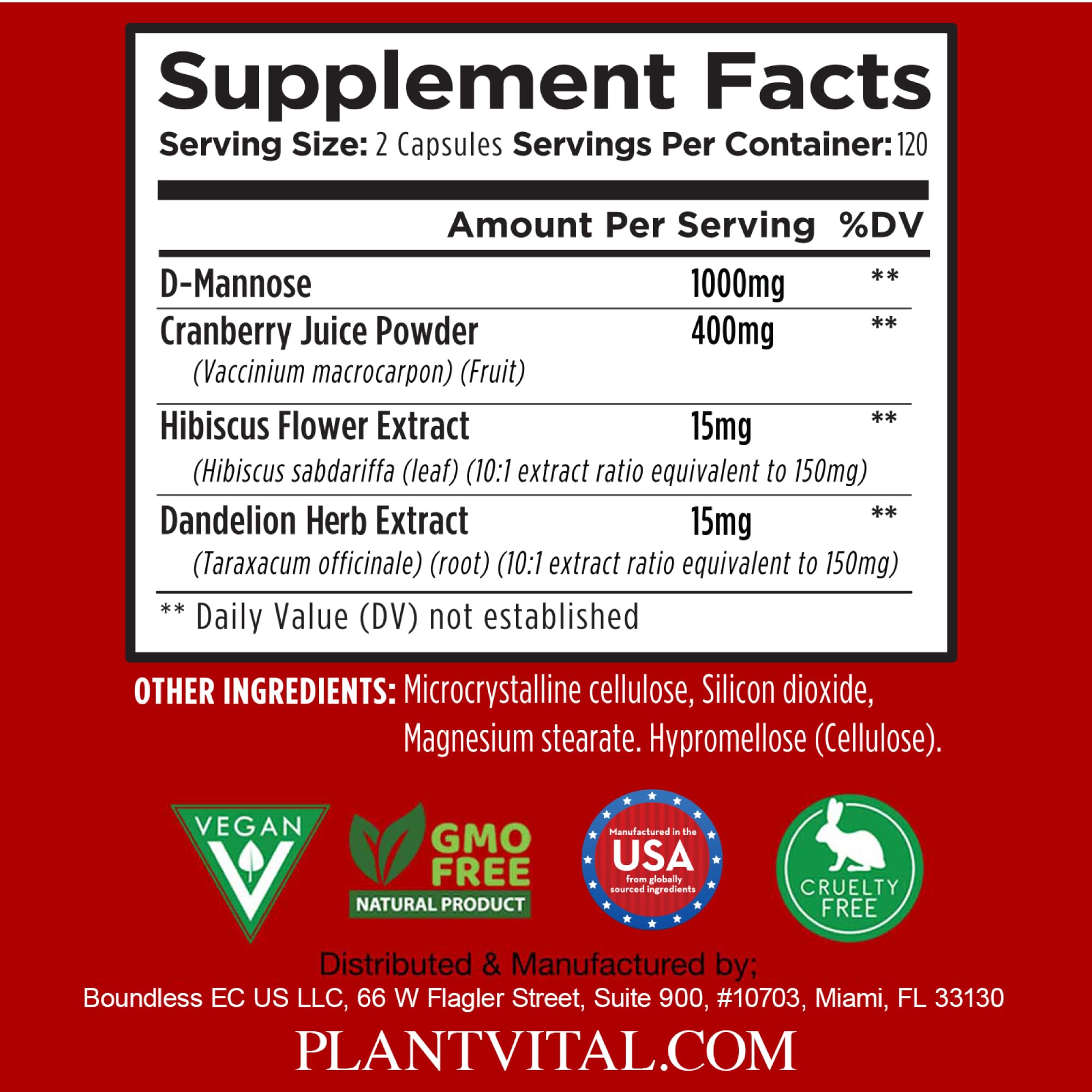 Portion dosage 1000 mg Plantvital D-Mannose Cranberry, utilisation simple.