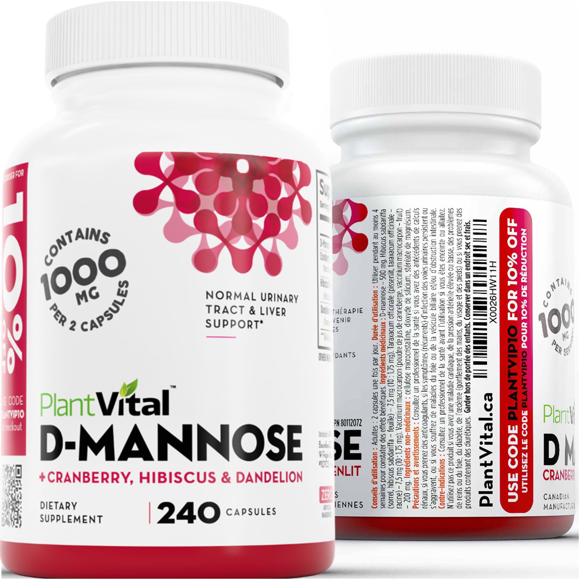 Fabriqué aux États-Unis Plantvital D-Mannose Cranberry, qualité sûre.