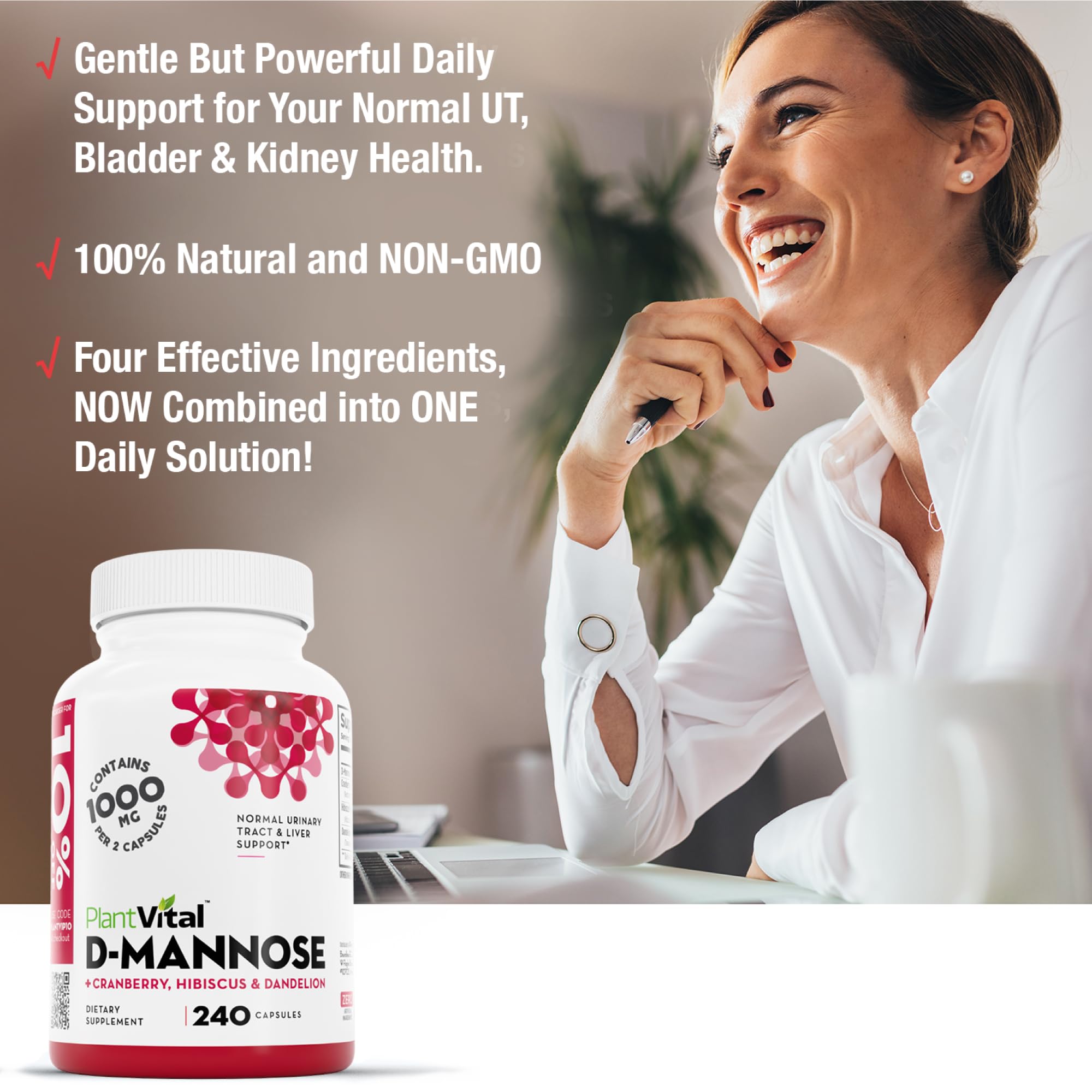 Gélules Plantvital D-Mannose Cranberry prêtes à ingérer pour le soutien urinaire.