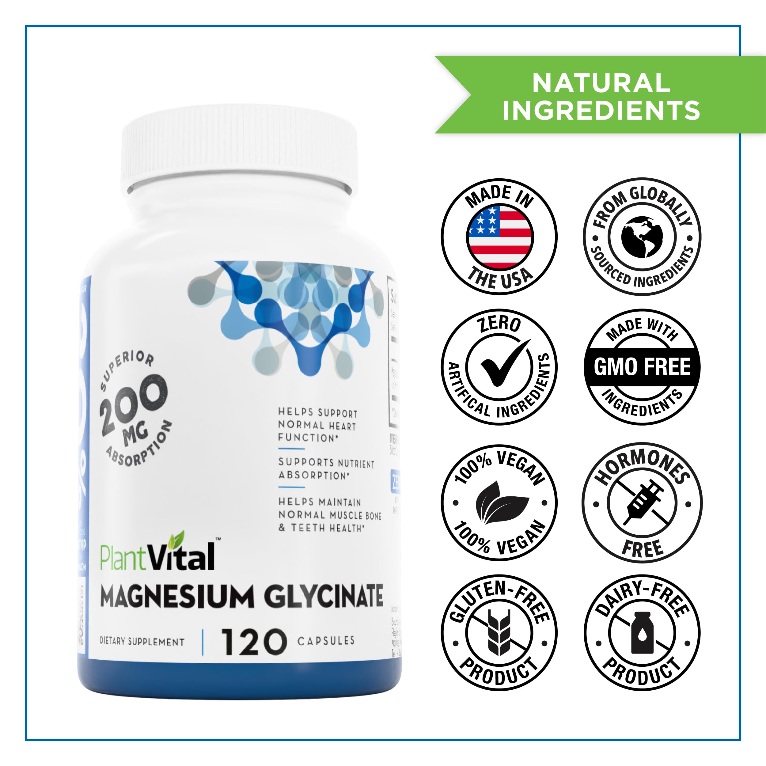 PlantVital Magnésium Glycinate 200 mg — ingrédients purs et sans artificiels.