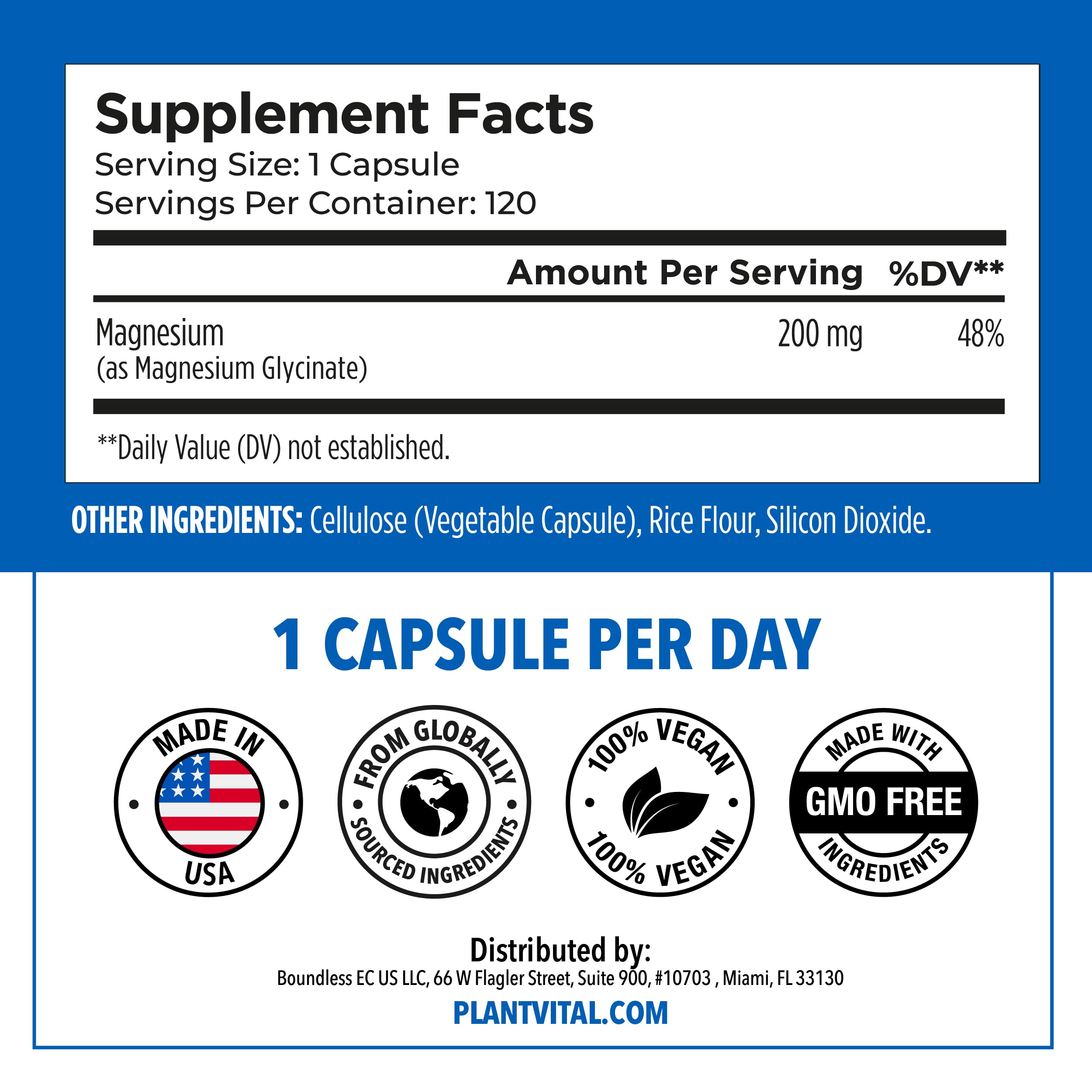 PlantVital Magnésium Glycinate 200 mg — sans OGM et formule pure.