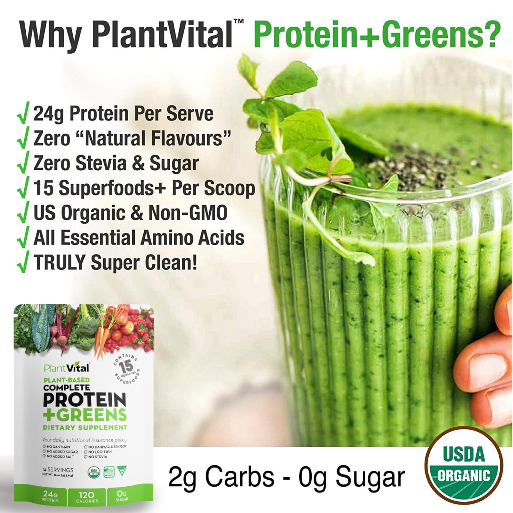 Mélange Plantvital de quinze ingrédients et superaliments pour énergie naturelle.