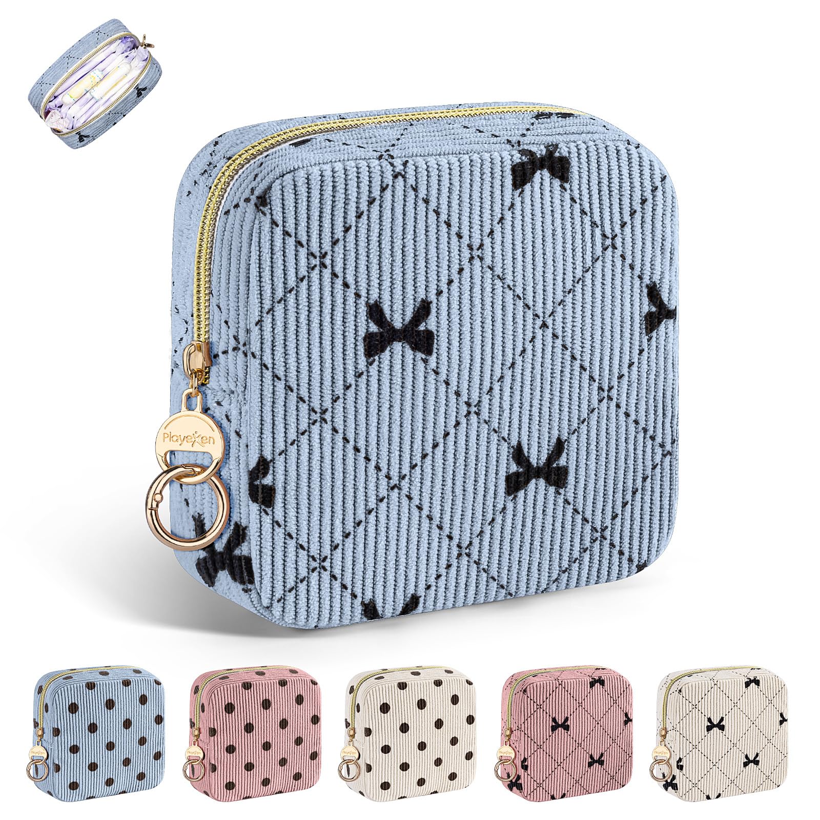 Pochette Playexen bleu velours côtelé avec nœud papillon, rangement discret.