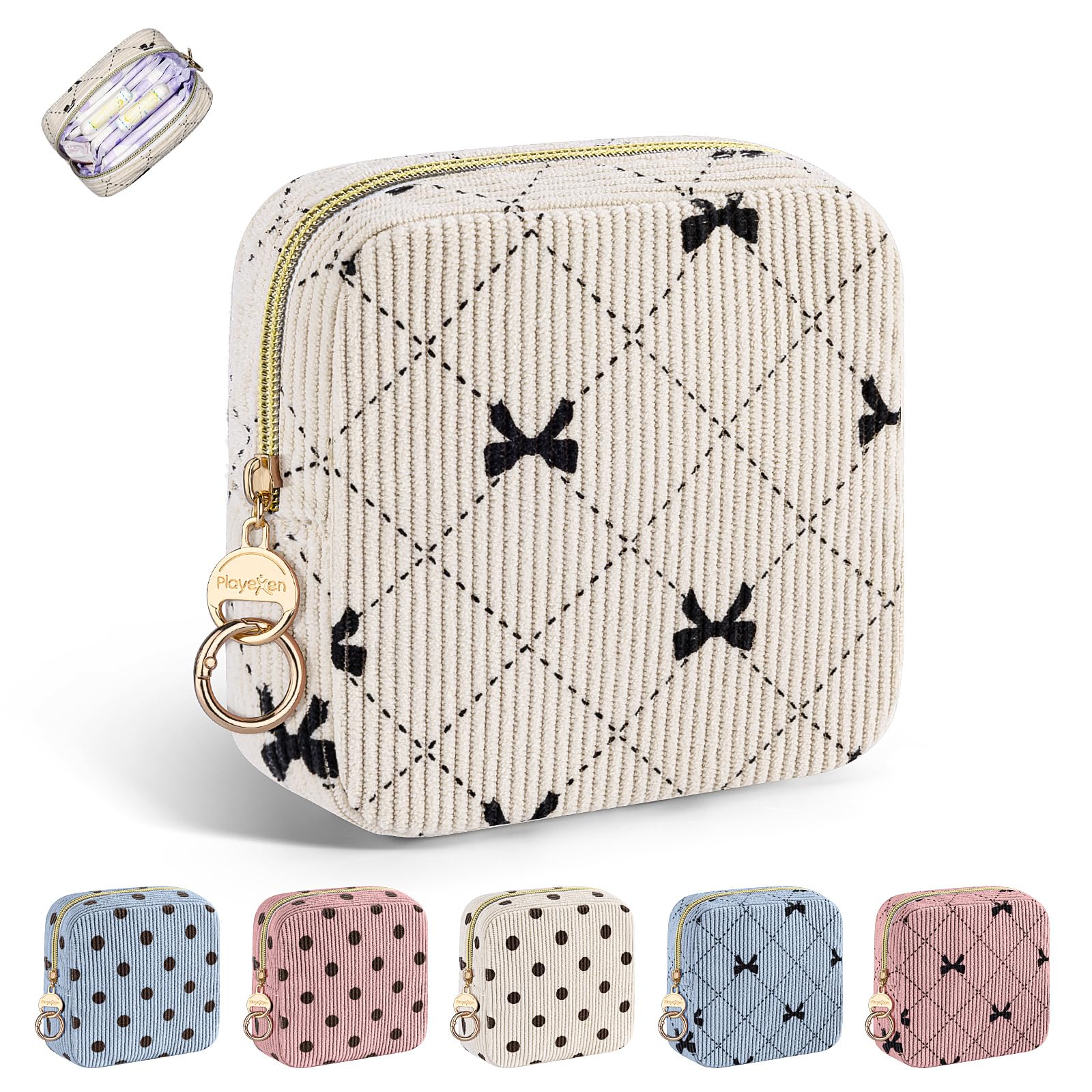 Playexen sac sanitaire velours côtelé beige: rangement discret pour protections féminines.