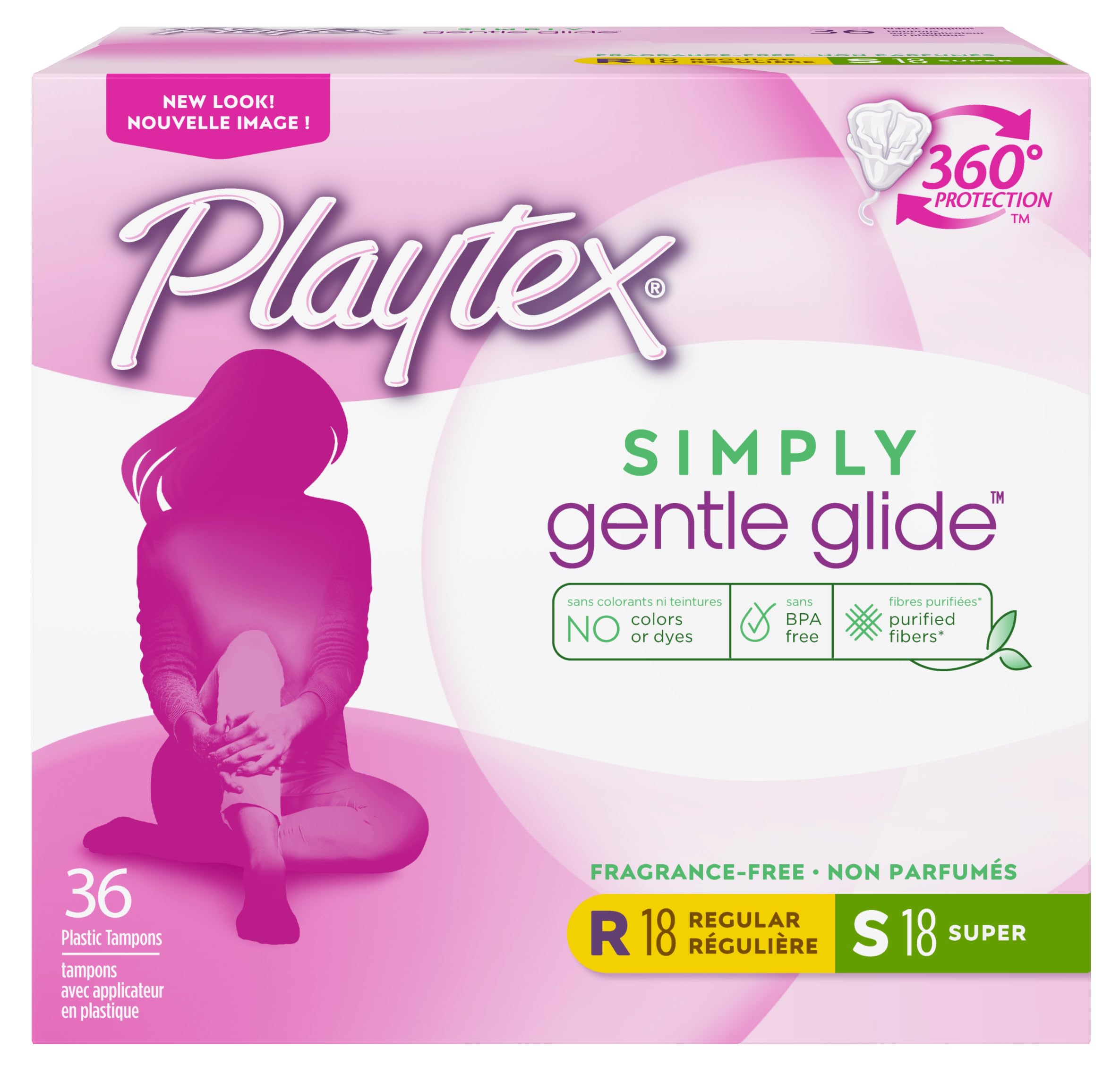 Tampons Playtex Simply Gentle Glide avec applicateur plastique, confort quotidien et insertion en douceur.