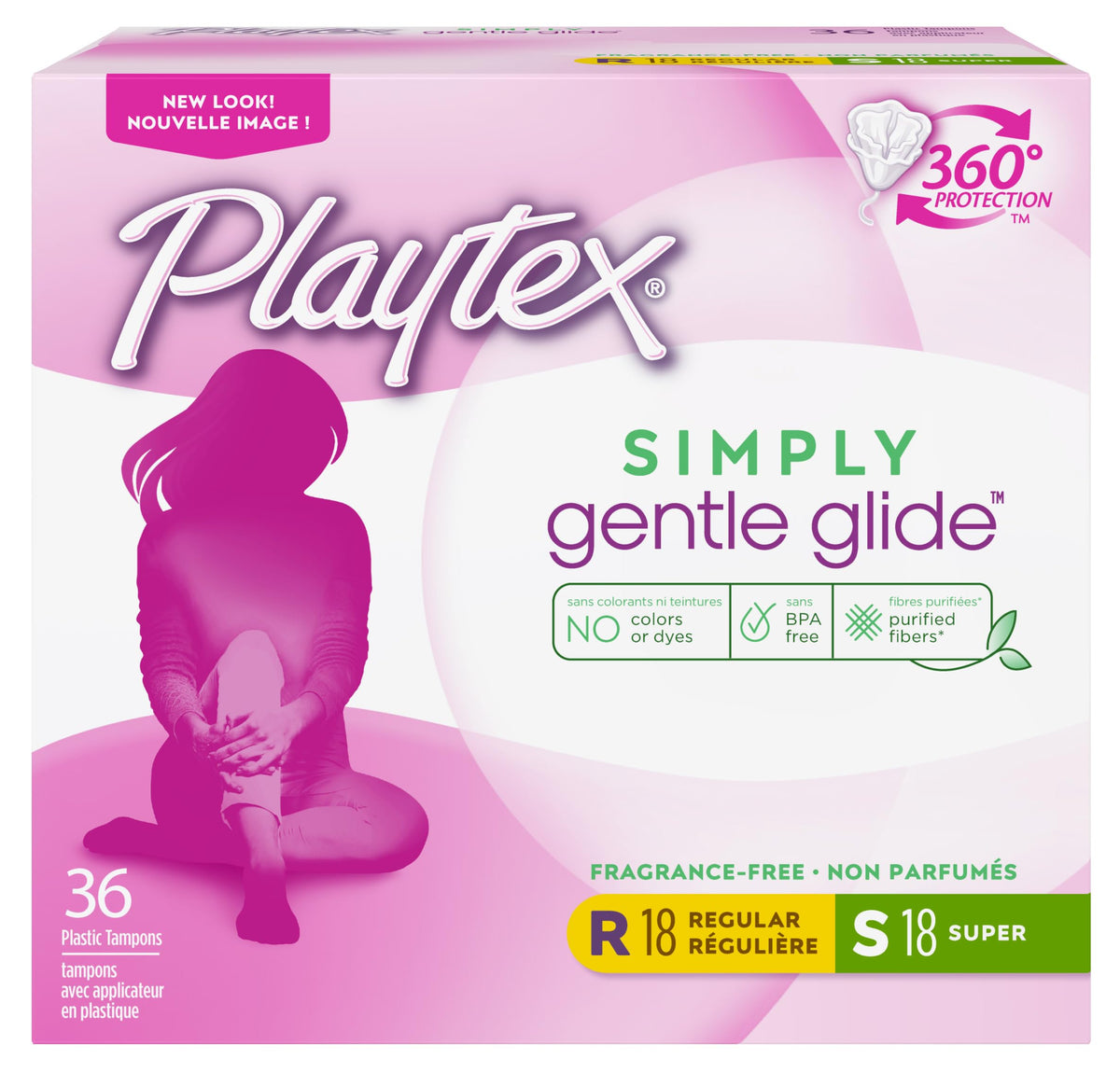 Tampons Playtex Simply Gentle Glide avec applicateur plastique, confort quotidien et insertion en douceur.