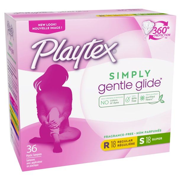 Tampons Playtex Simply Gentle Glide avec applicateur plastique, absorption régulière pour le quotidien.