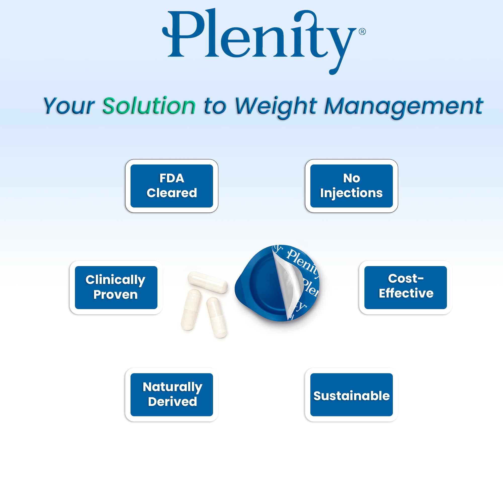 Capsules Plenity hydrogel dans blister, solution non médicamenteuse et naturelle