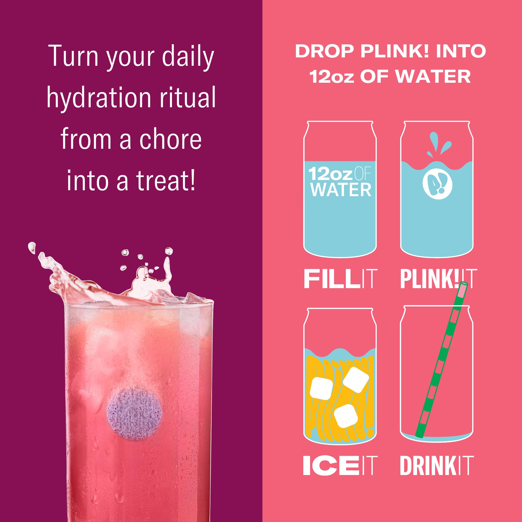 Plink tablettes-effervescentes dans-eau, expérience pétillante et hydratation pratique.