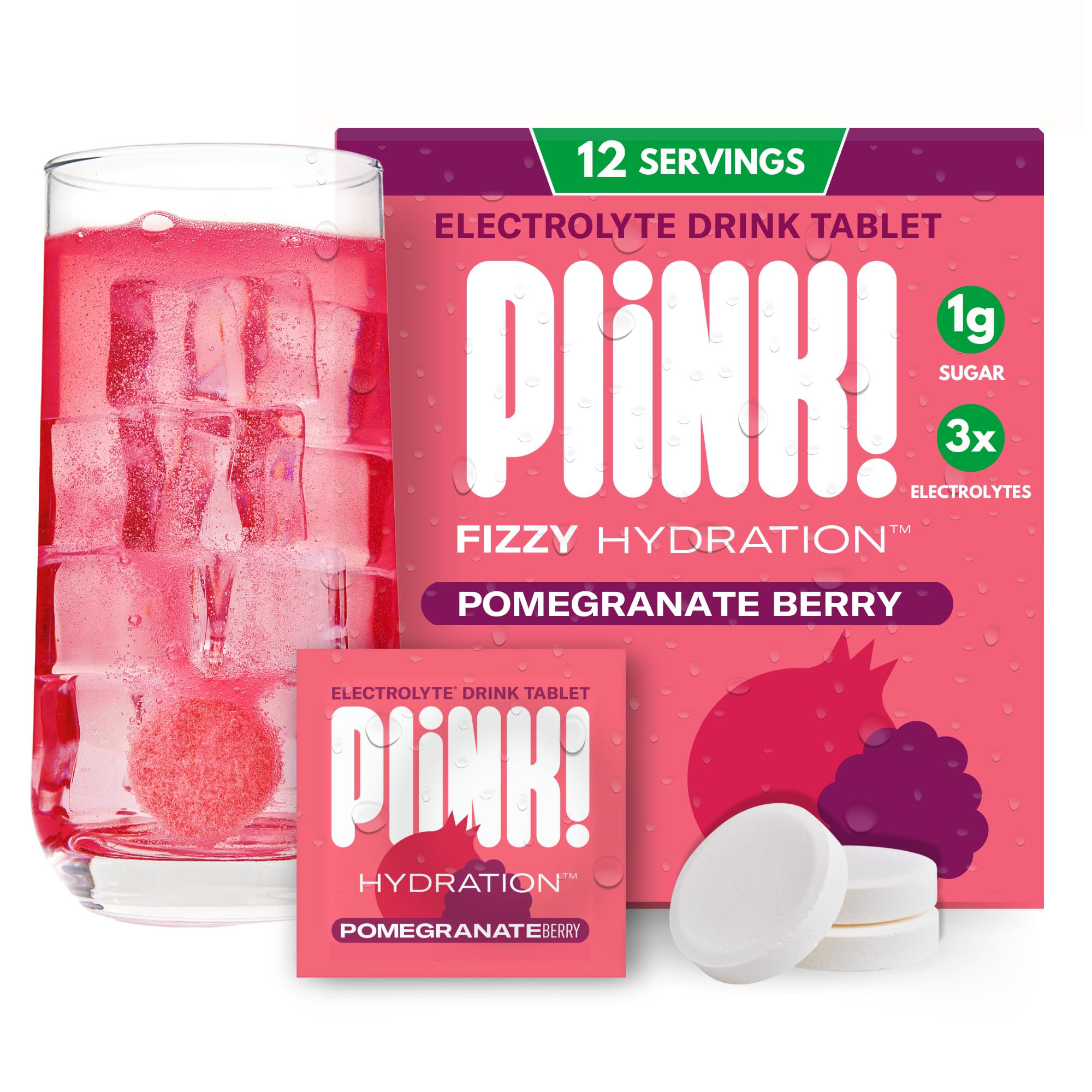 Plink tablettes-effervescentes grenade-framboise dans l'eau, hydratation quotidienne sans effort.