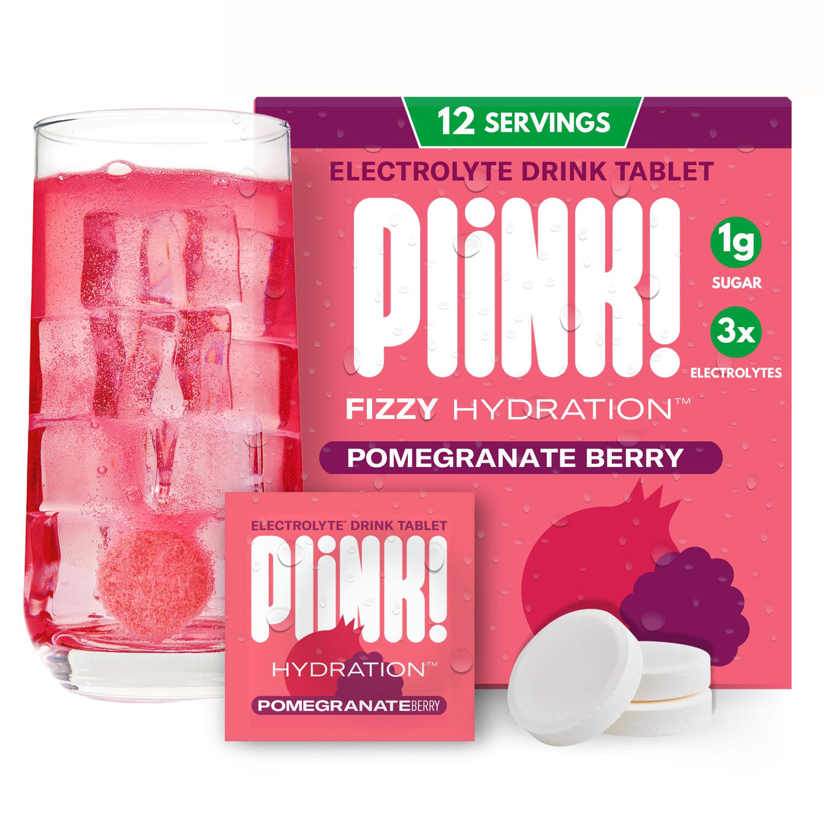 Plink tablettes-effervescentes grenade-framboise dans l'eau, hydratation quotidienne sans effort.