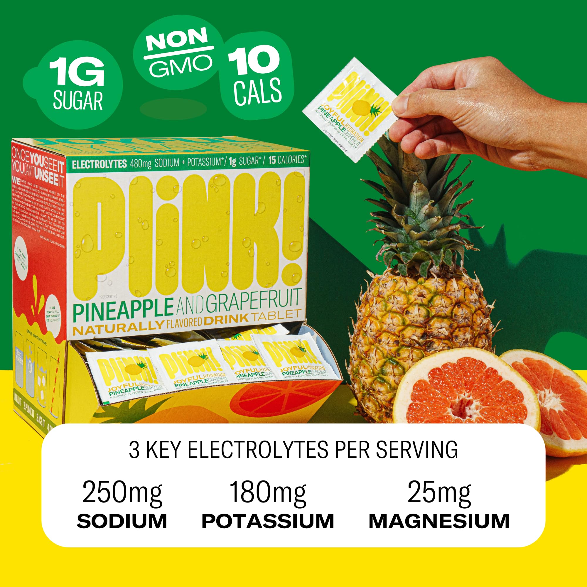 Plink dans un verre, dissolution rapide pour hydratation pratique.