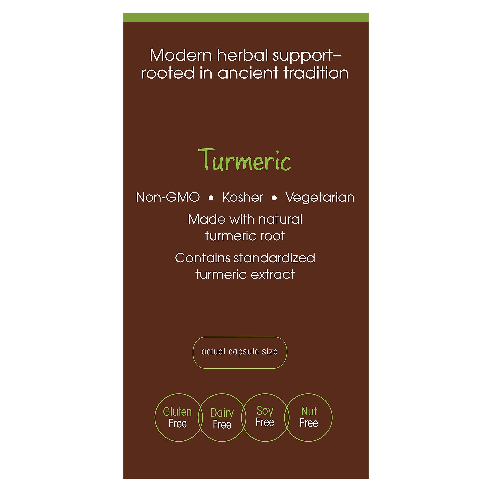 PLNT Turmeric: tableau des ingrédients soulignant l’absence de soja, gluten et allergènes.