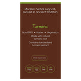 PLNT Turmeric: tableau des ingrédients soulignant l’absence de soja, gluten et allergènes.
