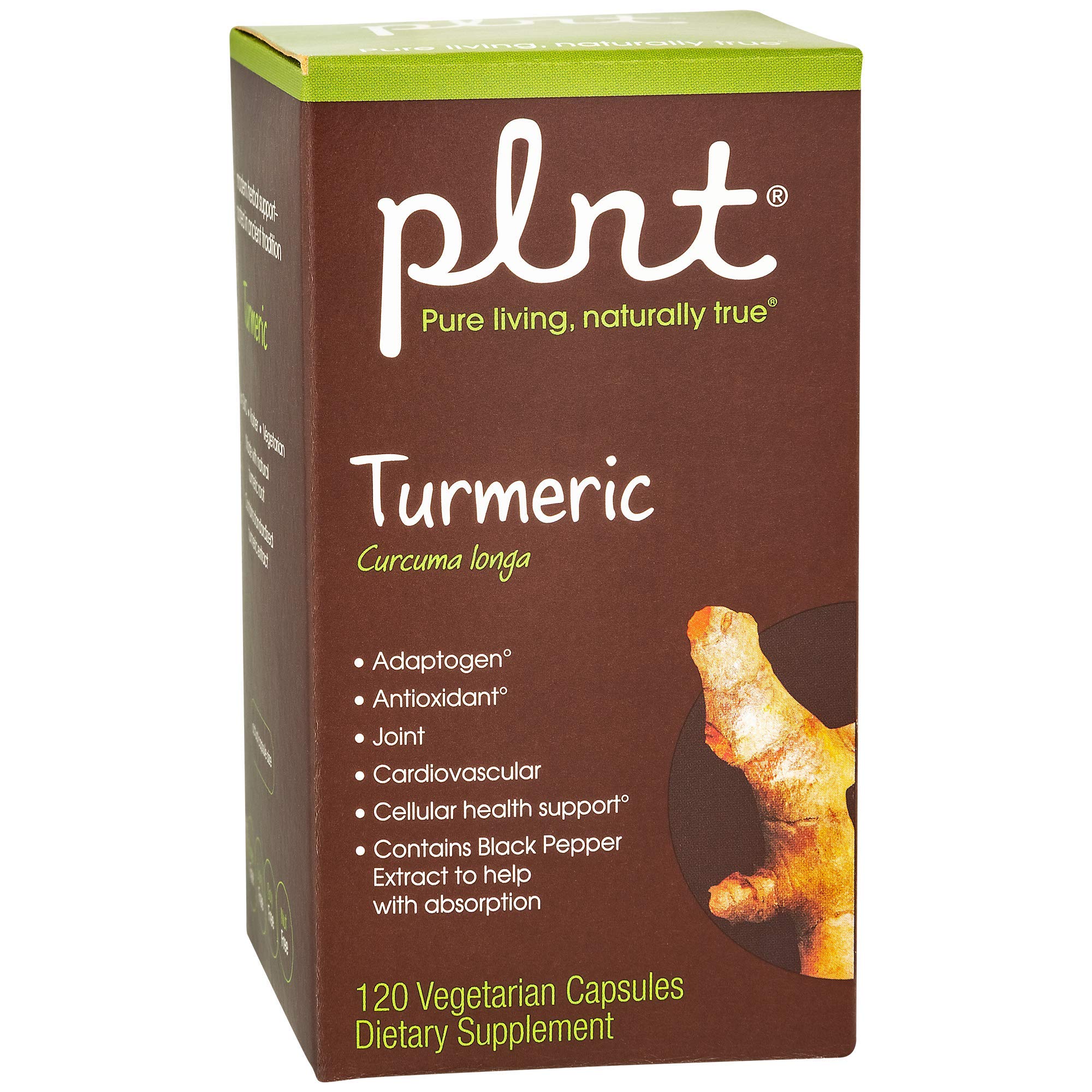 PLNT Turmeric: emballage et étiquette clairs présentant le produit et ses avantages potentiels.