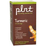 PLNT Turmeric: emballage et étiquette clairs présentant le produit et ses avantages potentiels.