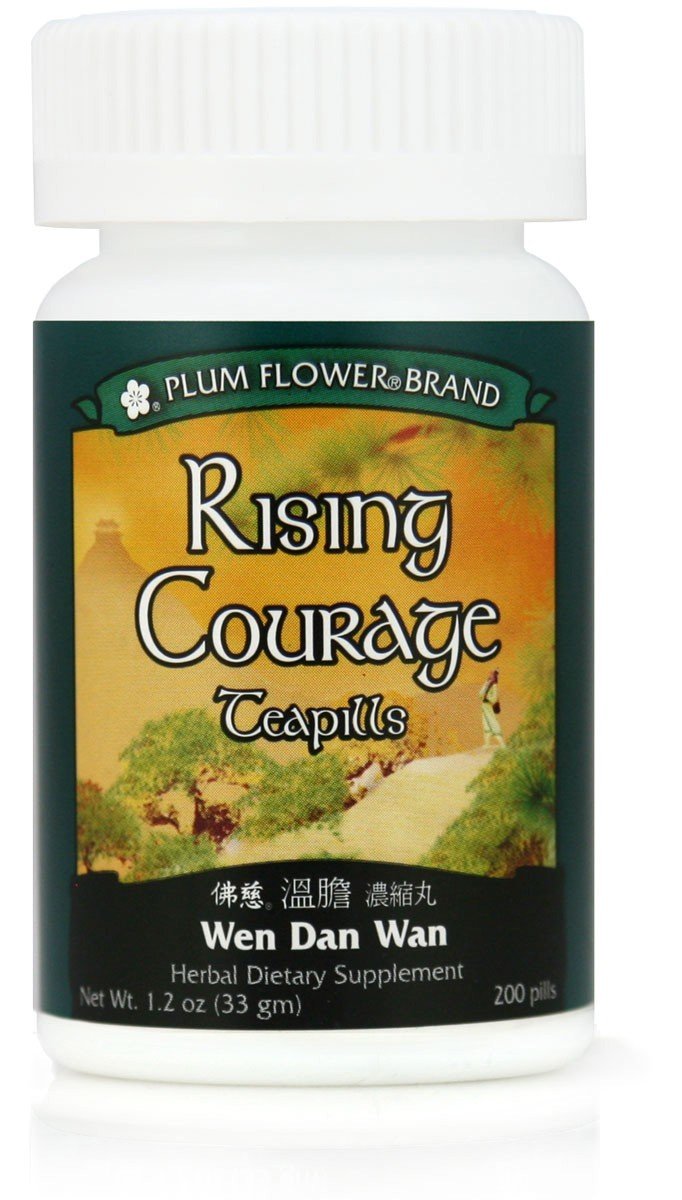 Plum Flower Rising Courage Teapills, emballage scellé: soutien potentiel à la concentration et au calme.