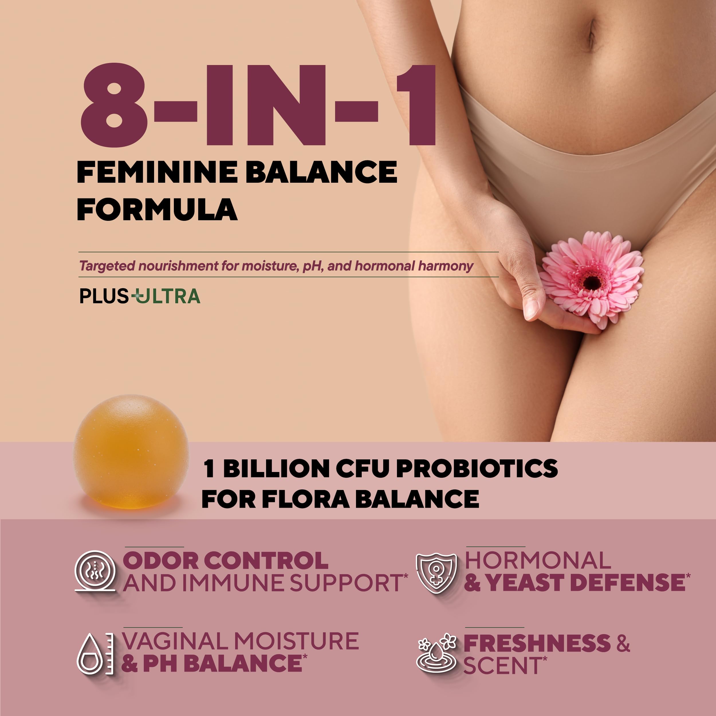 Plus+Ultra ingrédients harmonisant l’équilibre hormonal pour un bien‑être potentiellement soutenu.