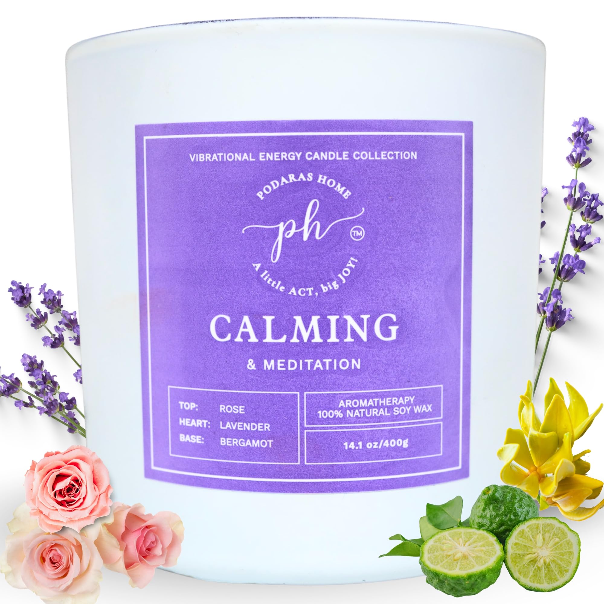 Podaras Home Bougie Calme Méditation avec triple mèches pour séance apaisante.