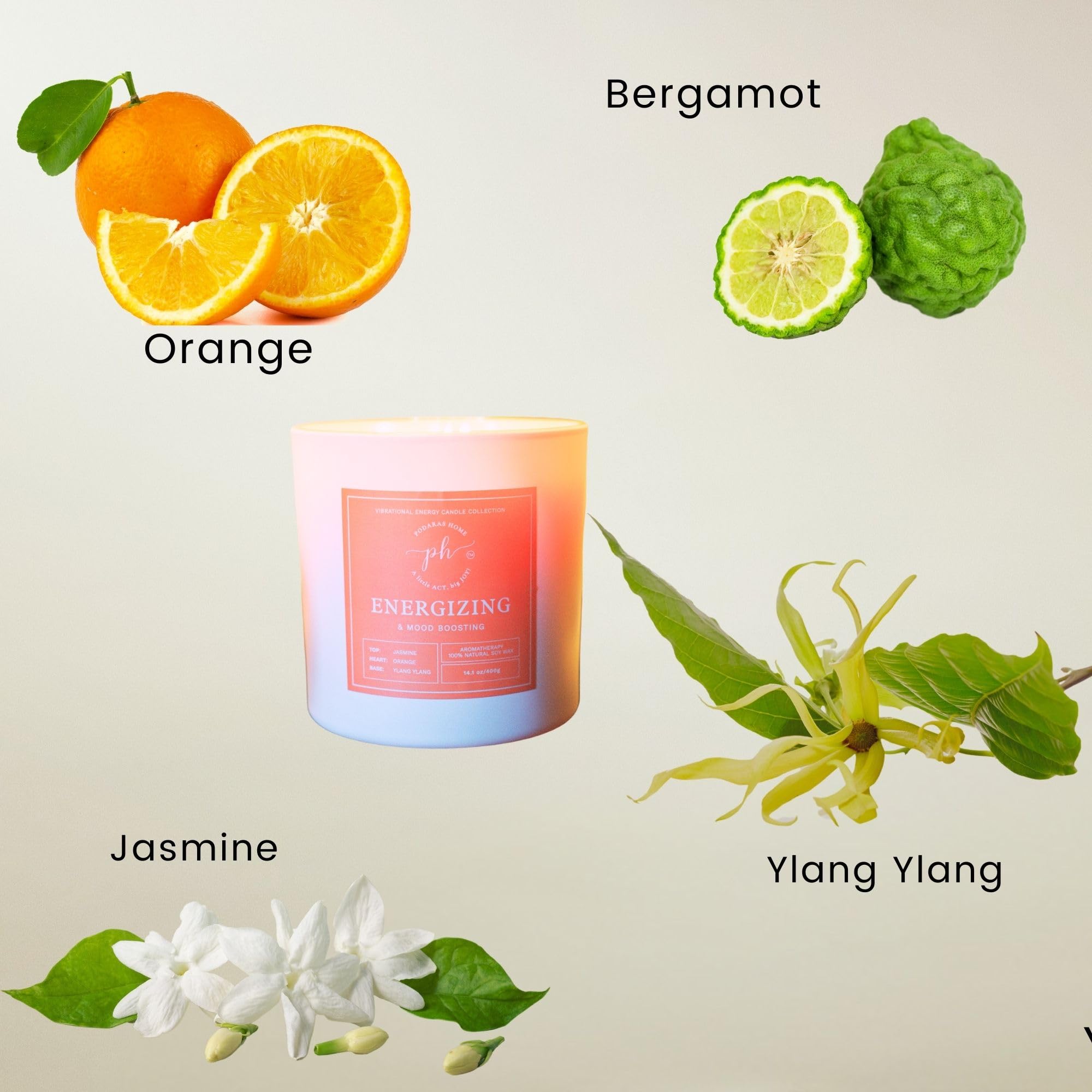 Podaras Home Bougie Extra Large arôme orange bergamote ylang ylang pour énergie et clarté.