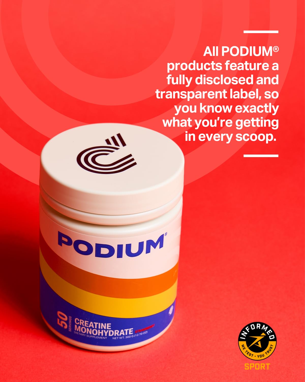 Podium Nutrition Créatine Monohydrate, idéal avant ou après l’entraînement.