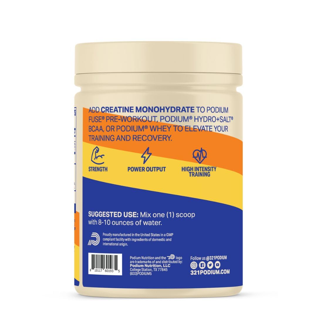 Podium Nutrition Solos créatine monohydrate, étiquette claire, dosage simple.