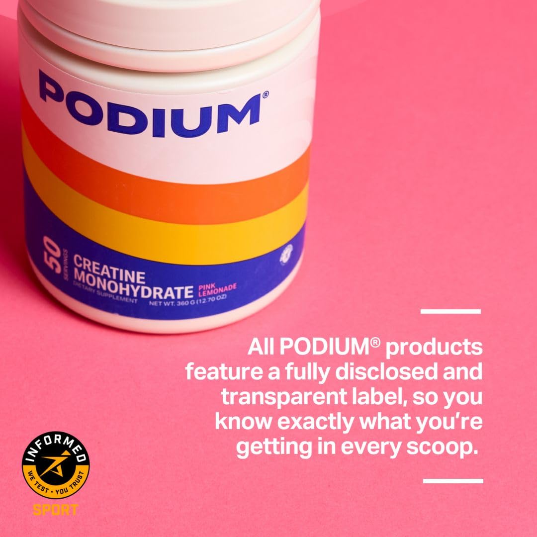 Podium Nutrition Solos créatine monohydrate, verre avec glaçons, goût estival rafraîchissant.