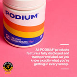 Podium Nutrition Solos créatine monohydrate, verre avec glaçons, goût estival rafraîchissant.